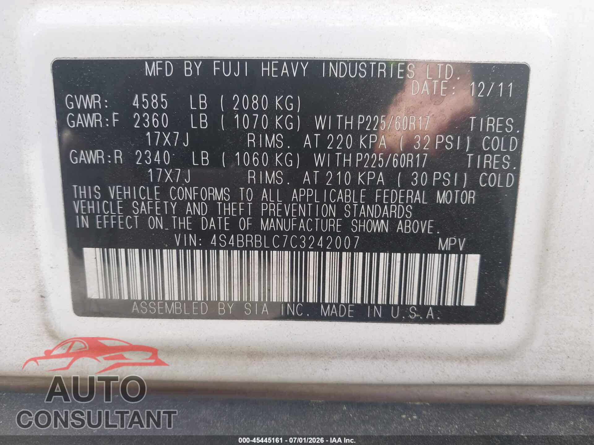 SUBARU OUTBACK 2012 - 4S4BRBLC7C3242007