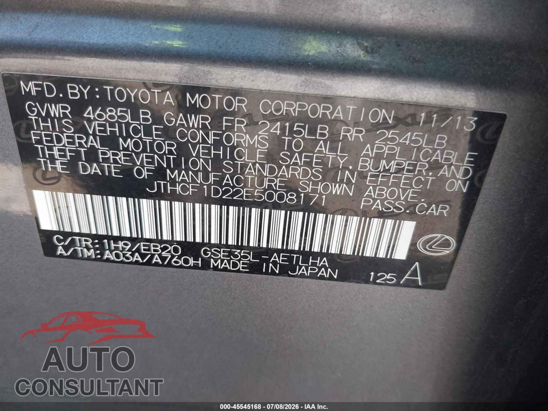 LEXUS IS 250 2014 - JTHCF1D22E5008171