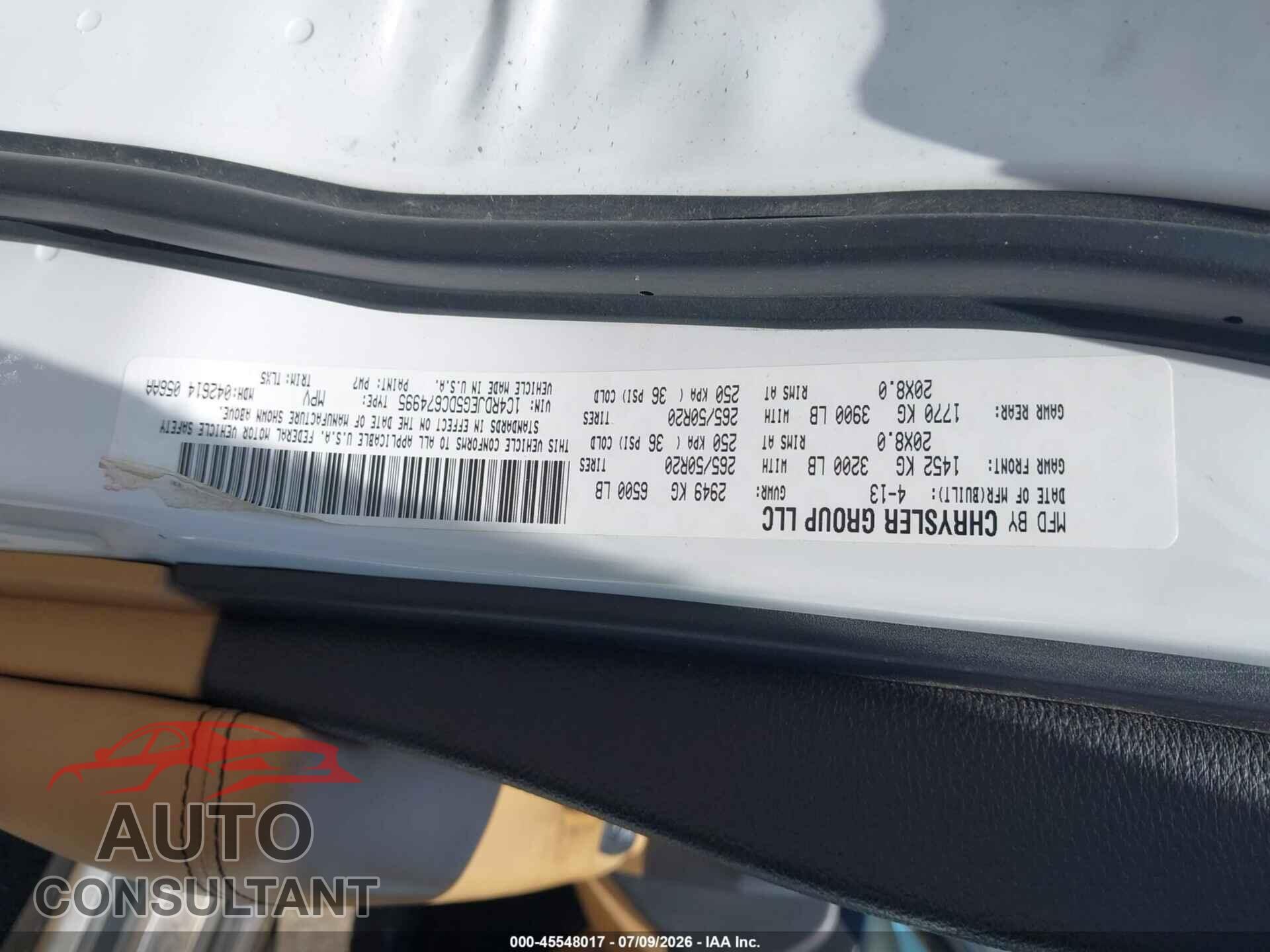 DODGE DURANGO 2013 - 1C4RDJEG5DC674995