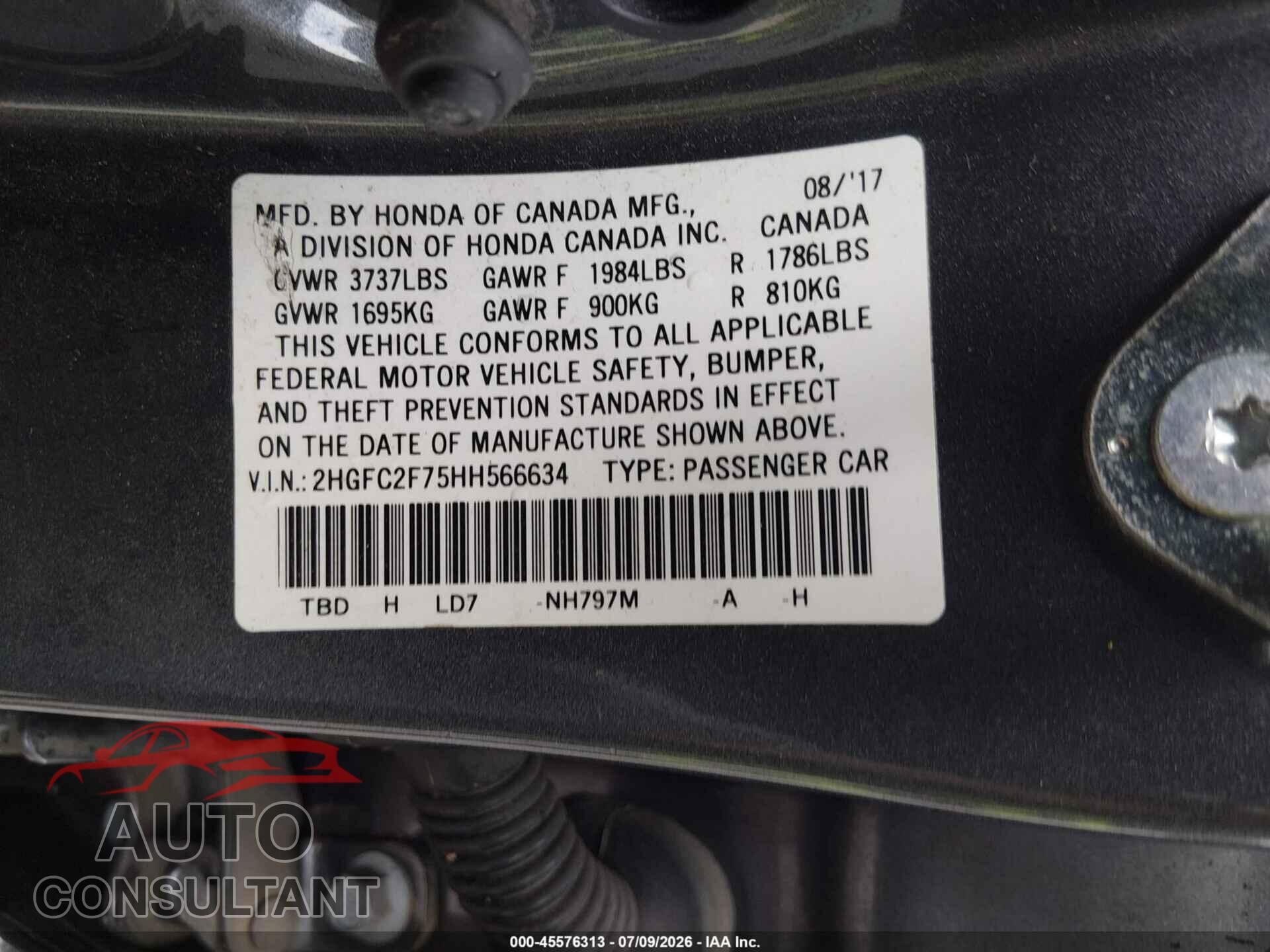 HONDA CIVIC 2017 - 2HGFC2F75HH566634