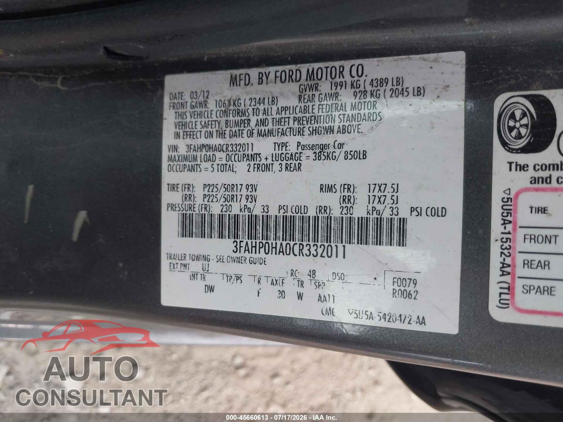 FORD FUSION 2012 - 3FAHP0HA0CR332011