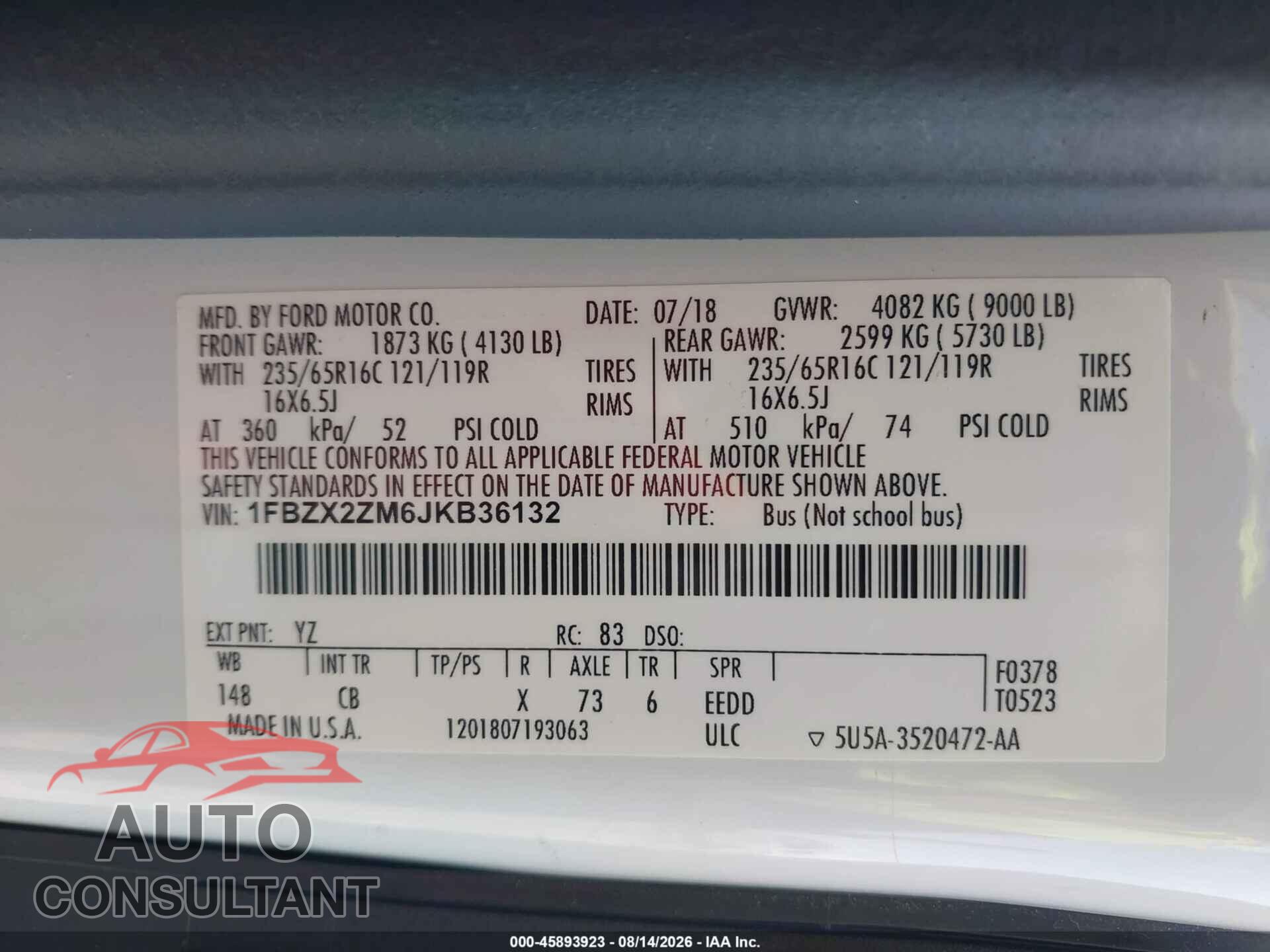 FORD TRANSIT-350 2018 - 1FBZX2ZM6JKB36132