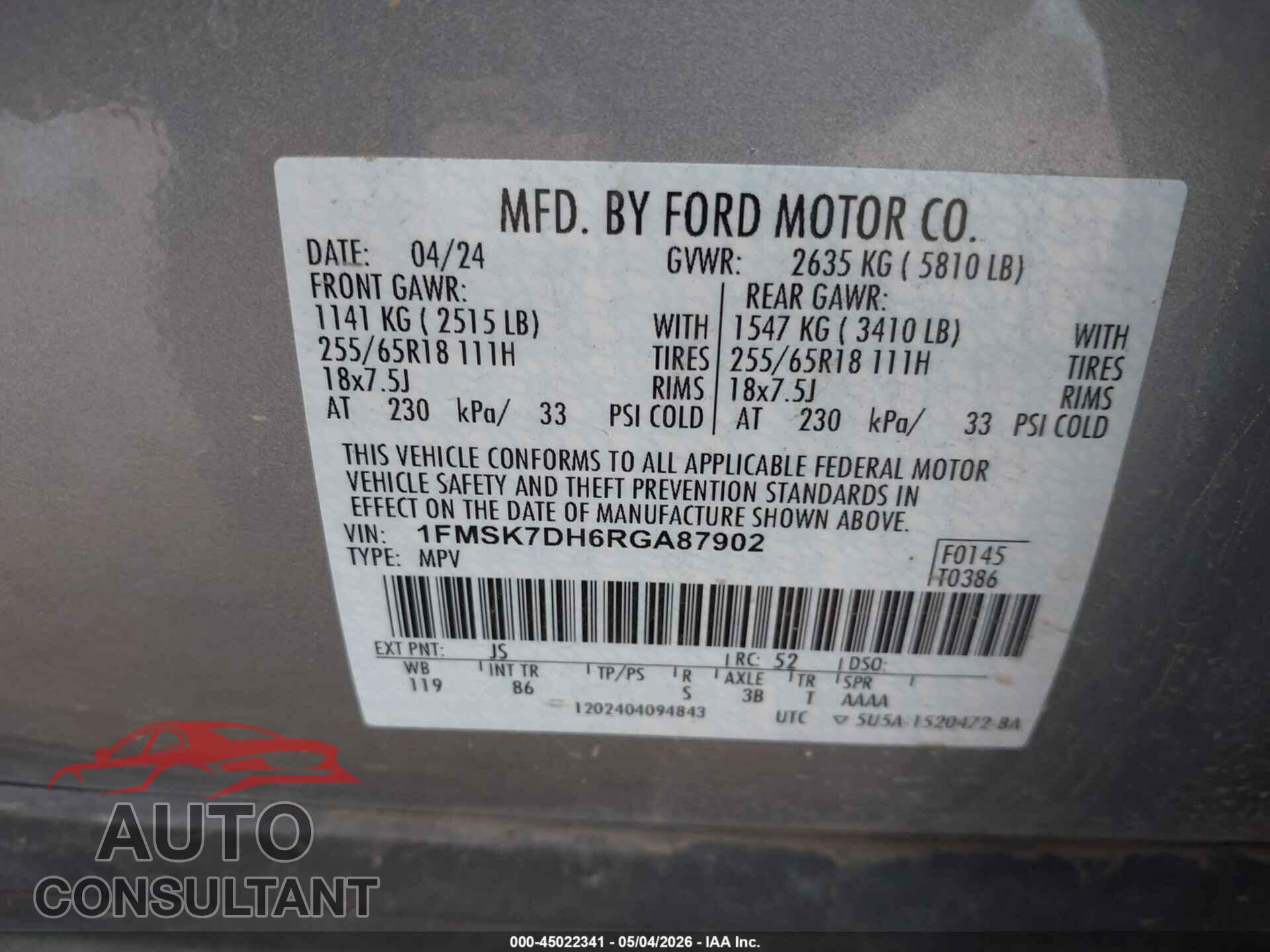 FORD EXPLORER 2024 - 1FMSK7DH6RGA87902