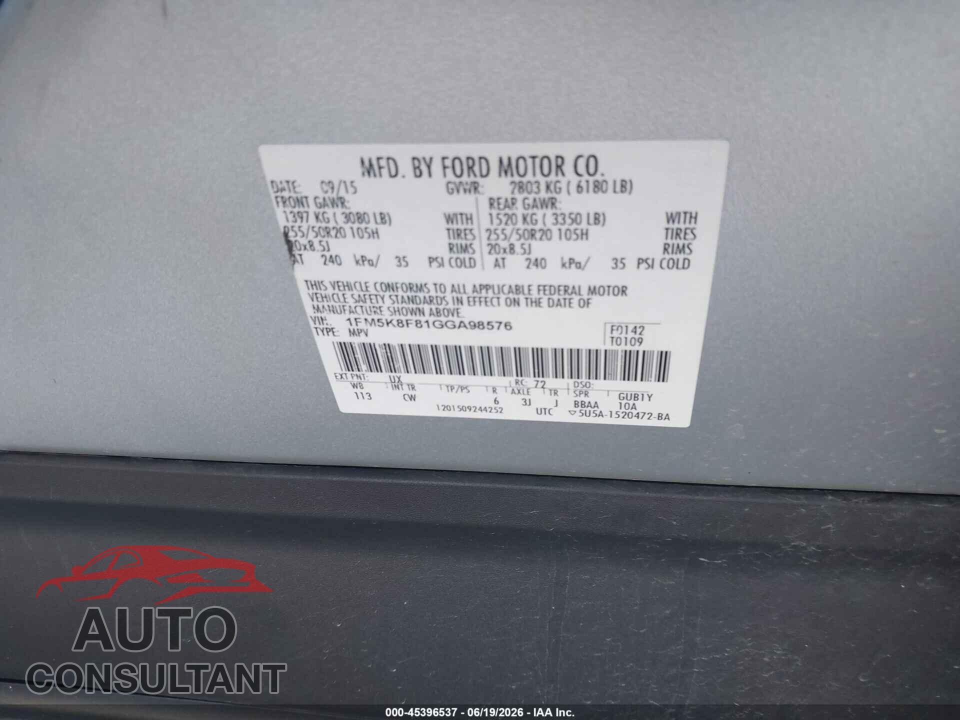 FORD EXPLORER 2016 - 1FM5K8F81GGA98576