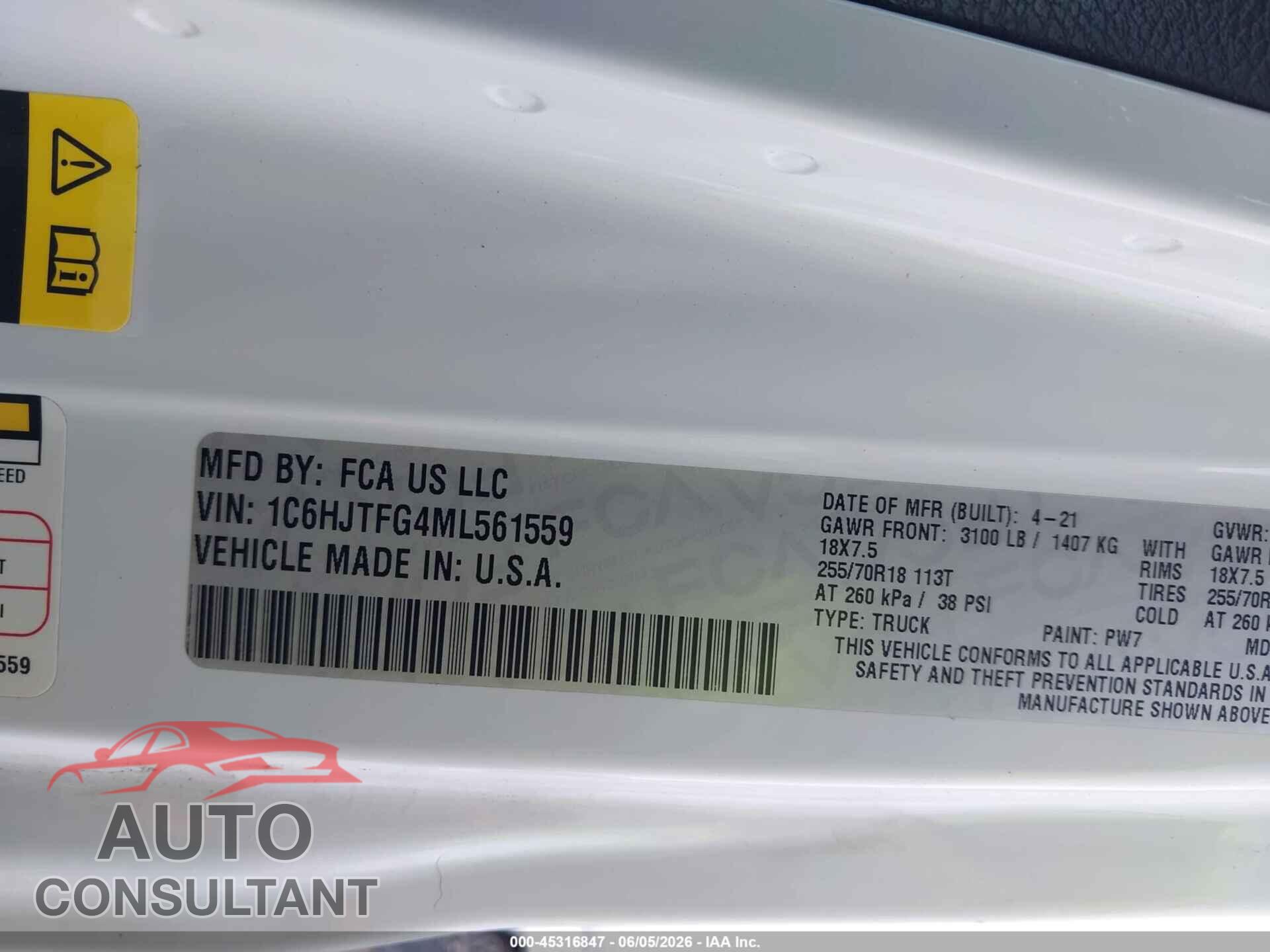 JEEP GLADIATOR 2021 - 1C6HJTFG4ML561559