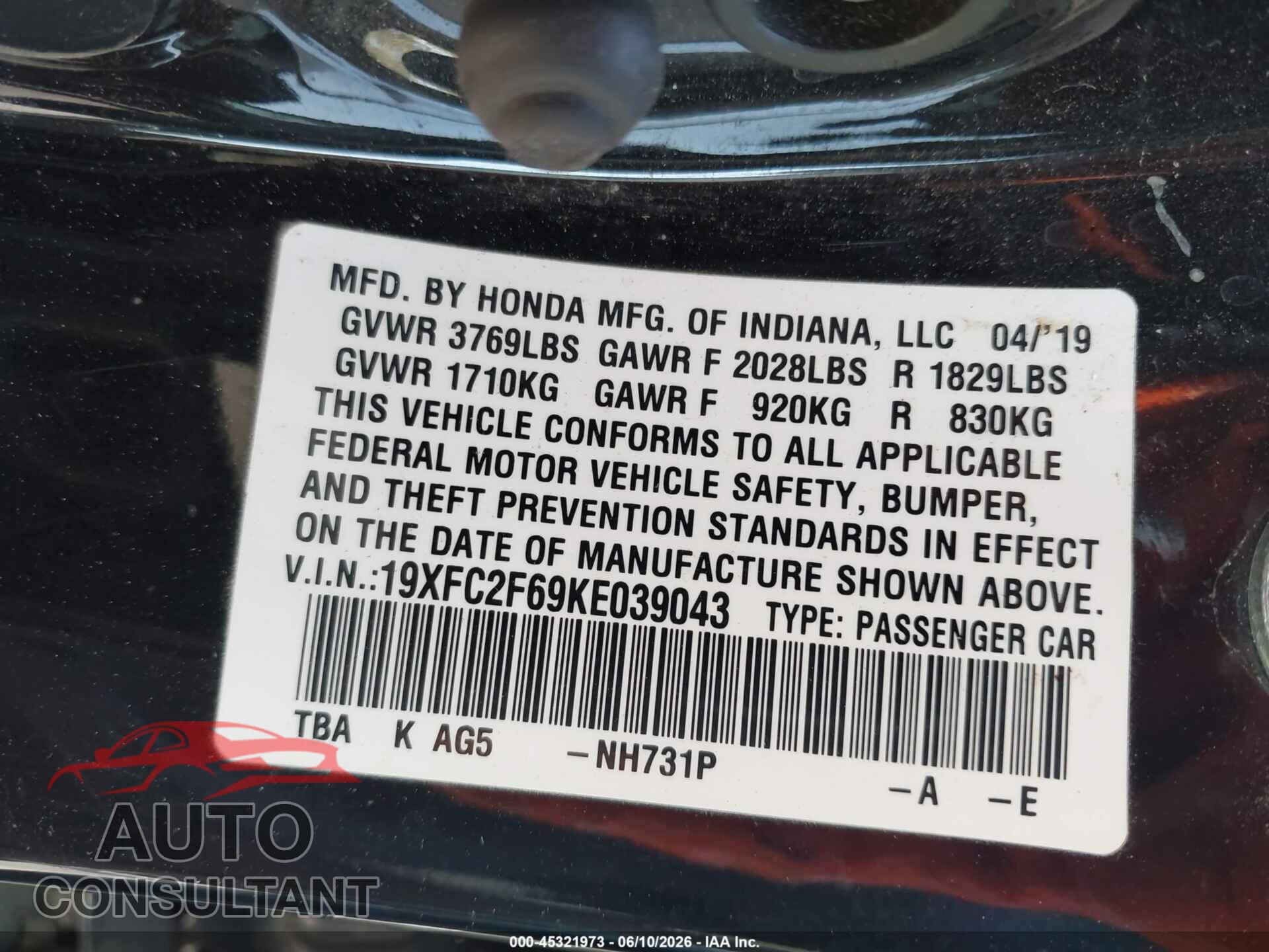 HONDA CIVIC 2019 - 19XFC2F69KE039043