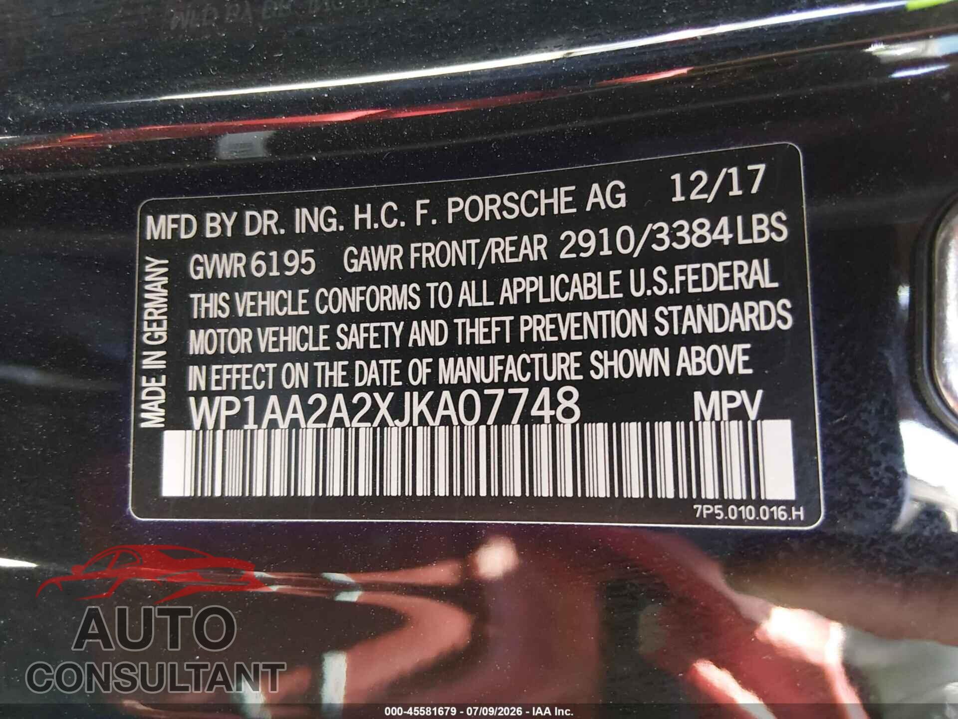 PORSCHE CAYENNE 2018 - WP1AA2A2XJKA07748