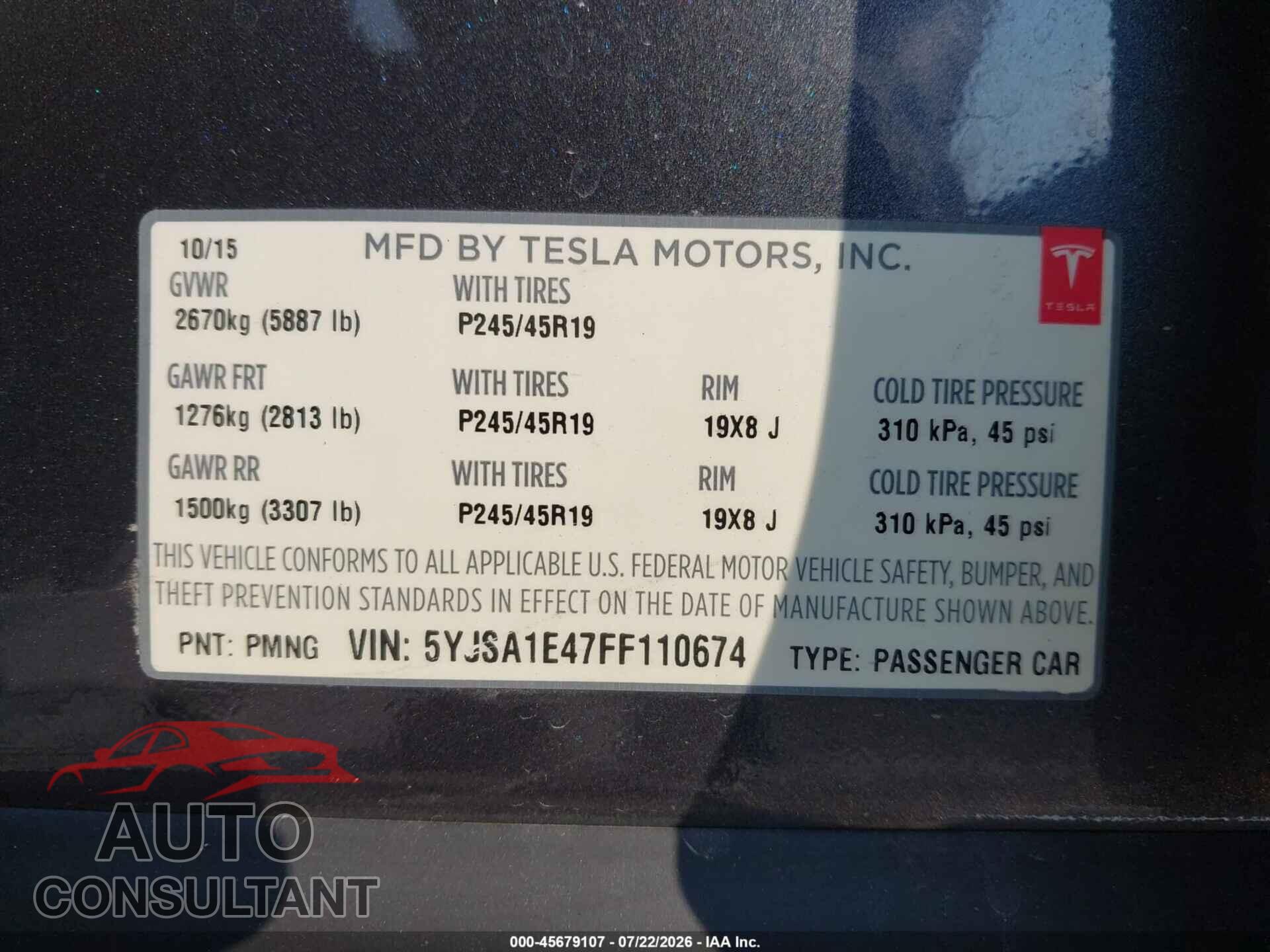 TESLA MODEL S 2015 - 5YJSA1E47FF110674