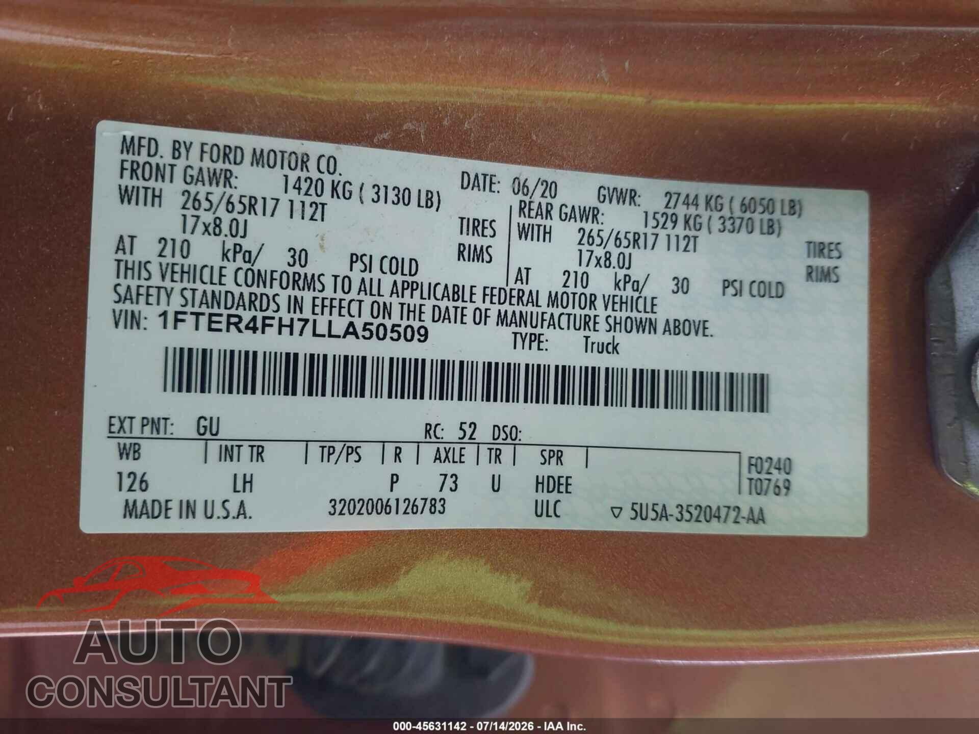 FORD RANGER 2020 - 1FTER4FH7LLA50509