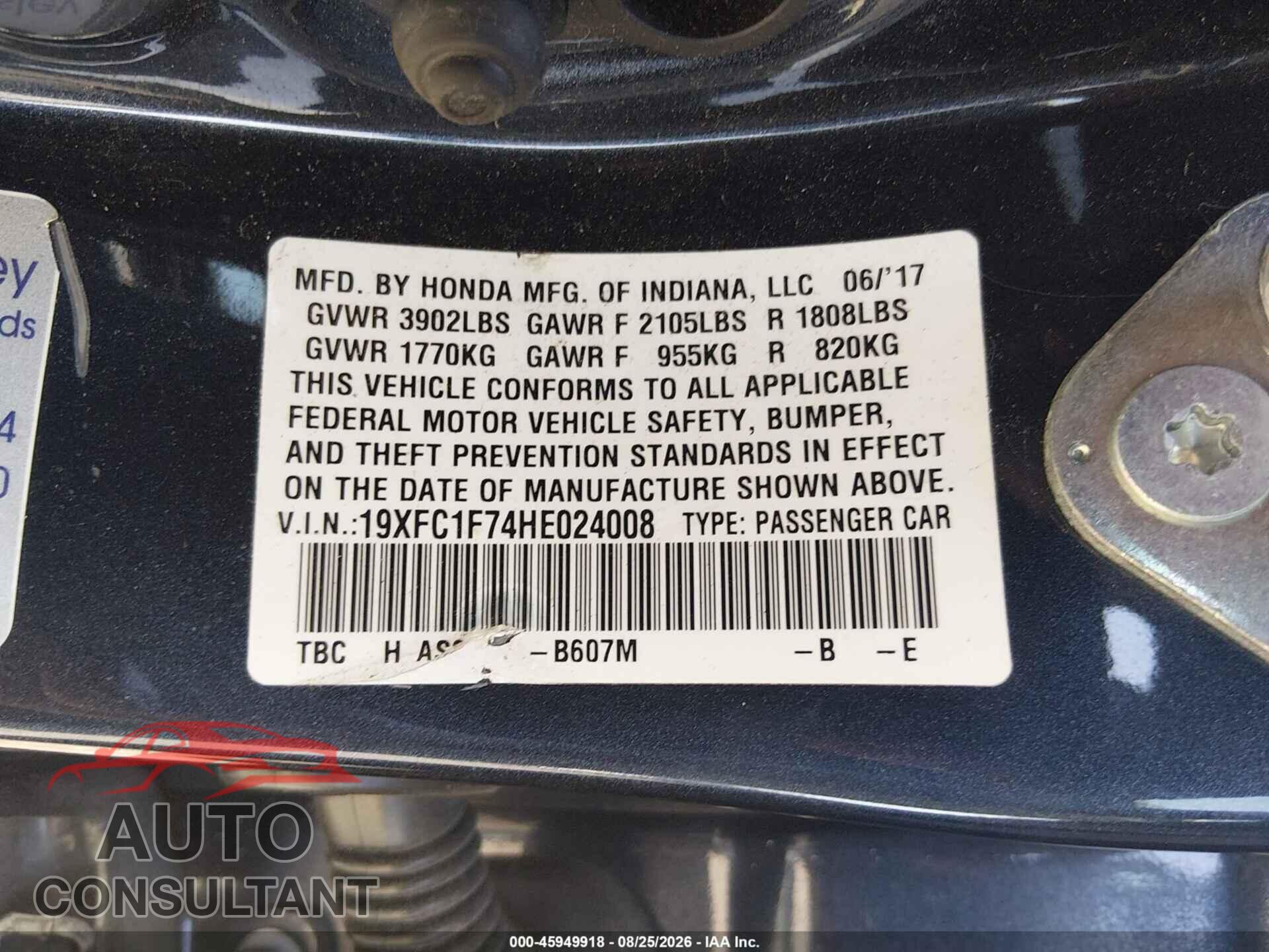 HONDA CIVIC 2017 - 19XFC1F74HE024008