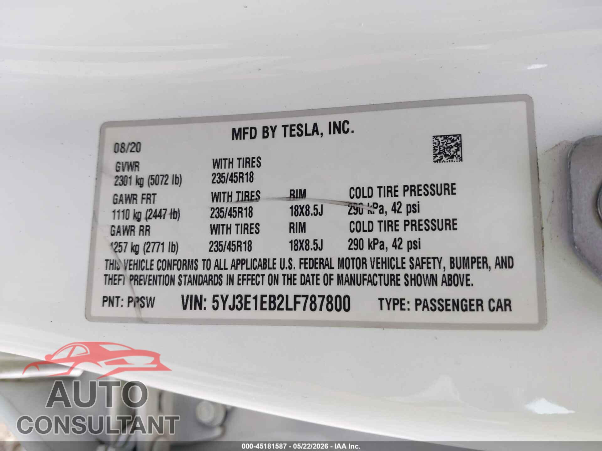 TESLA MODEL 3 2020 - 5YJ3E1EB2LF787800