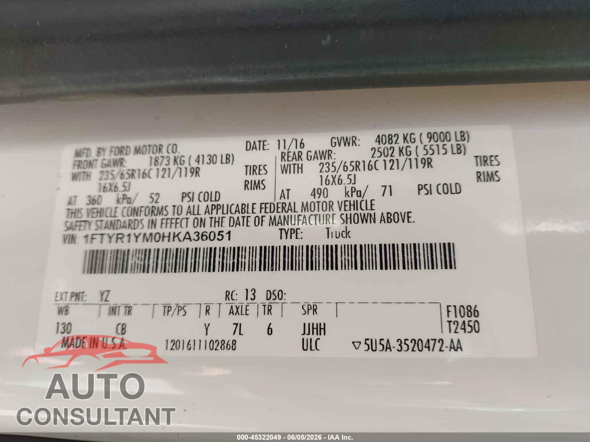 FORD TRANSIT-250 2017 - 1FTYR1YM0HKA36051