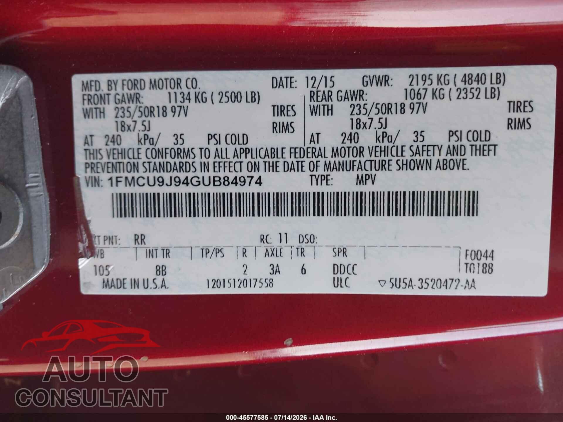 FORD ESCAPE 2016 - 1FMCU9J94GUB84974