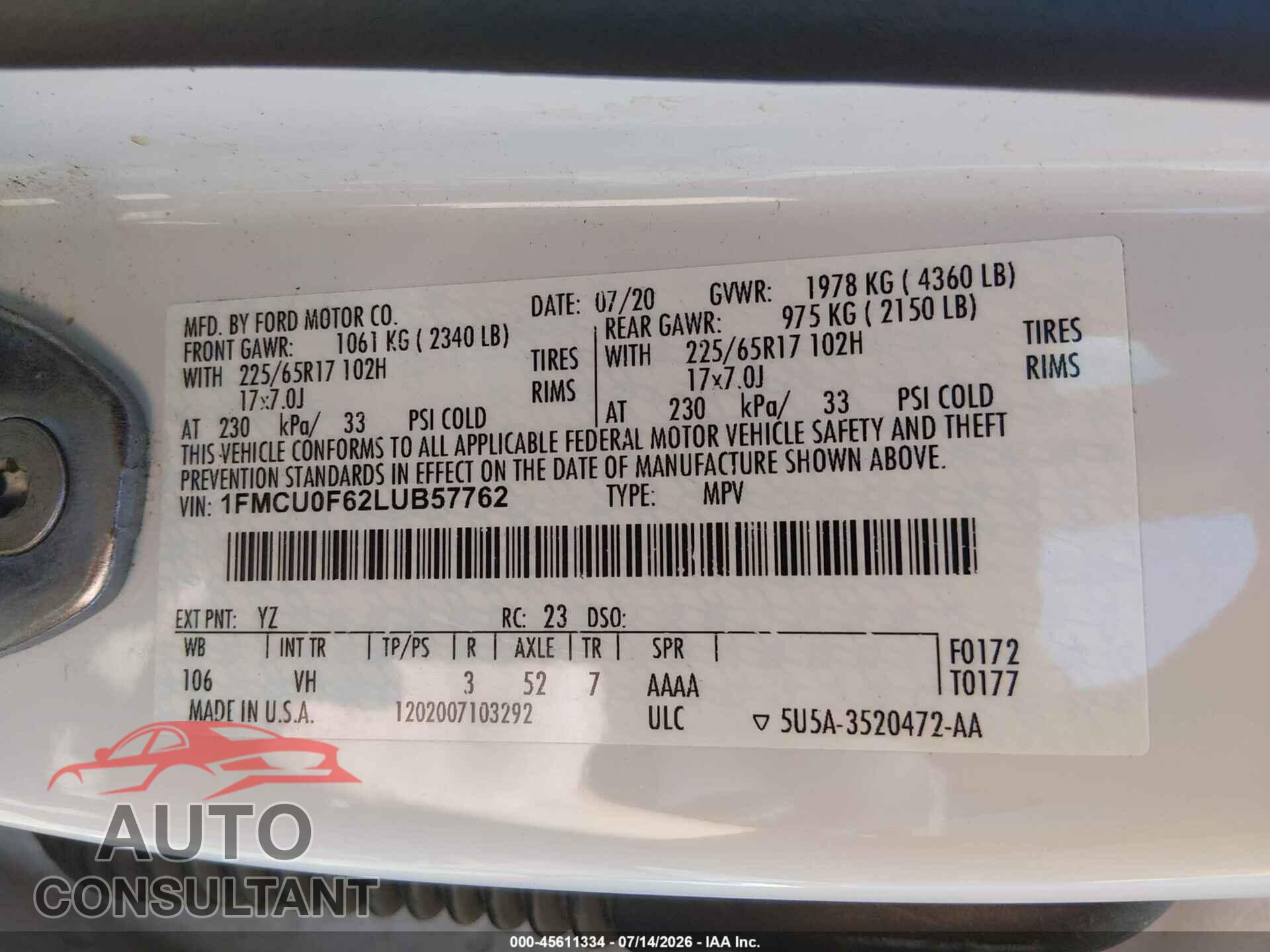 FORD ESCAPE 2020 - 1FMCU0F62LUB57762