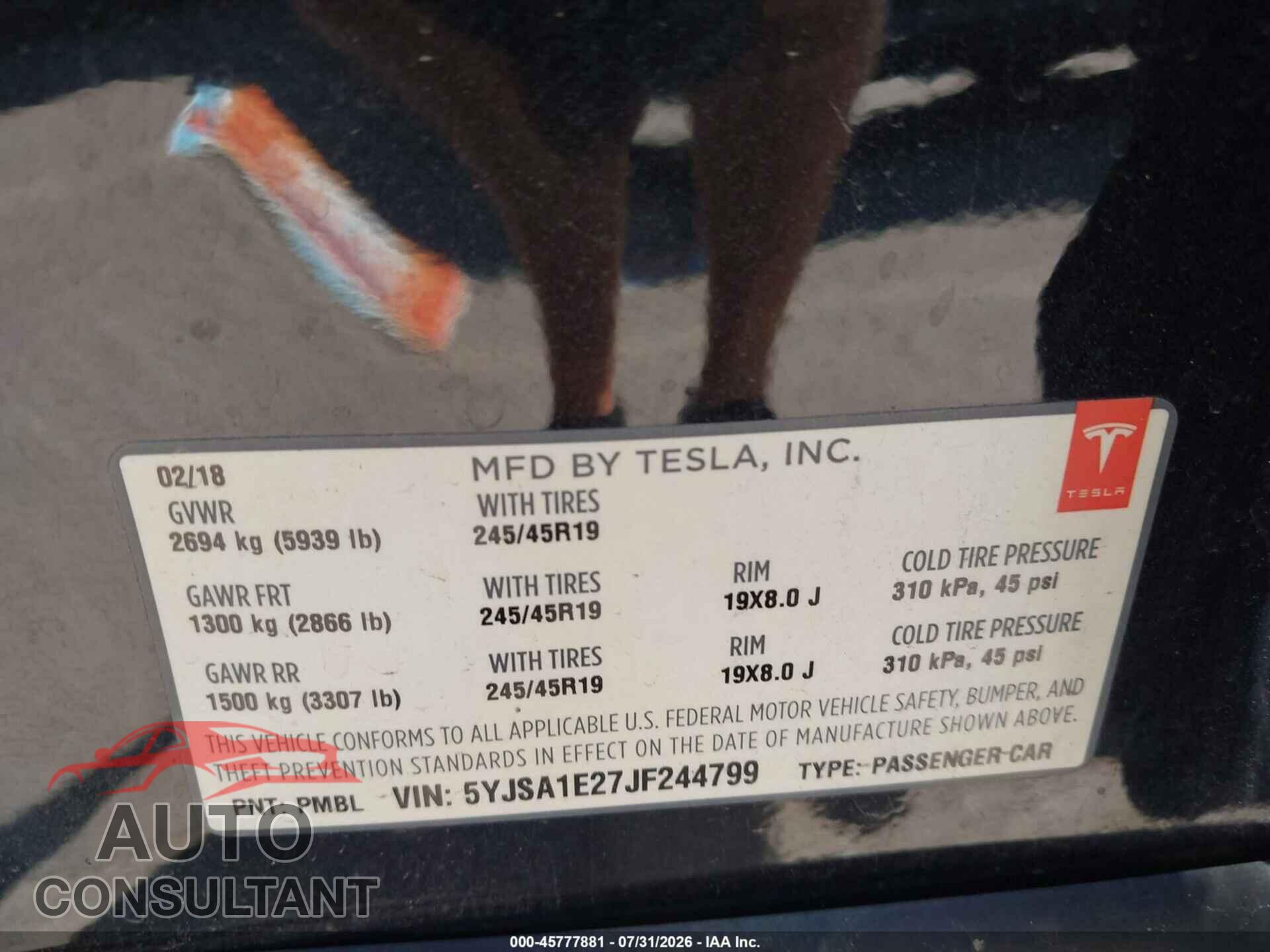 TESLA MODEL S 2018 - 5YJSA1E27JF244799