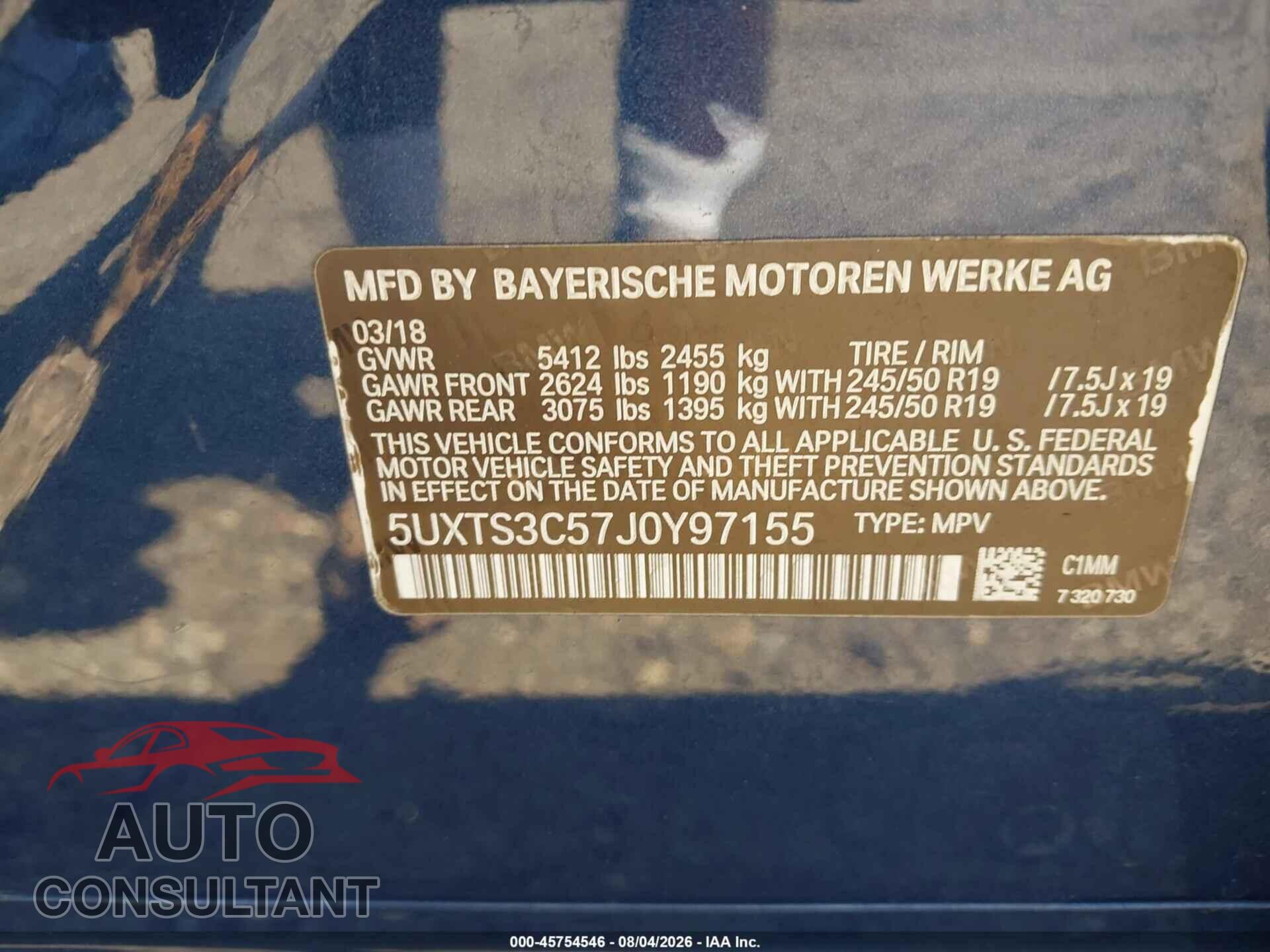 BMW X3 2018 - 5UXTS3C57J0Y97155