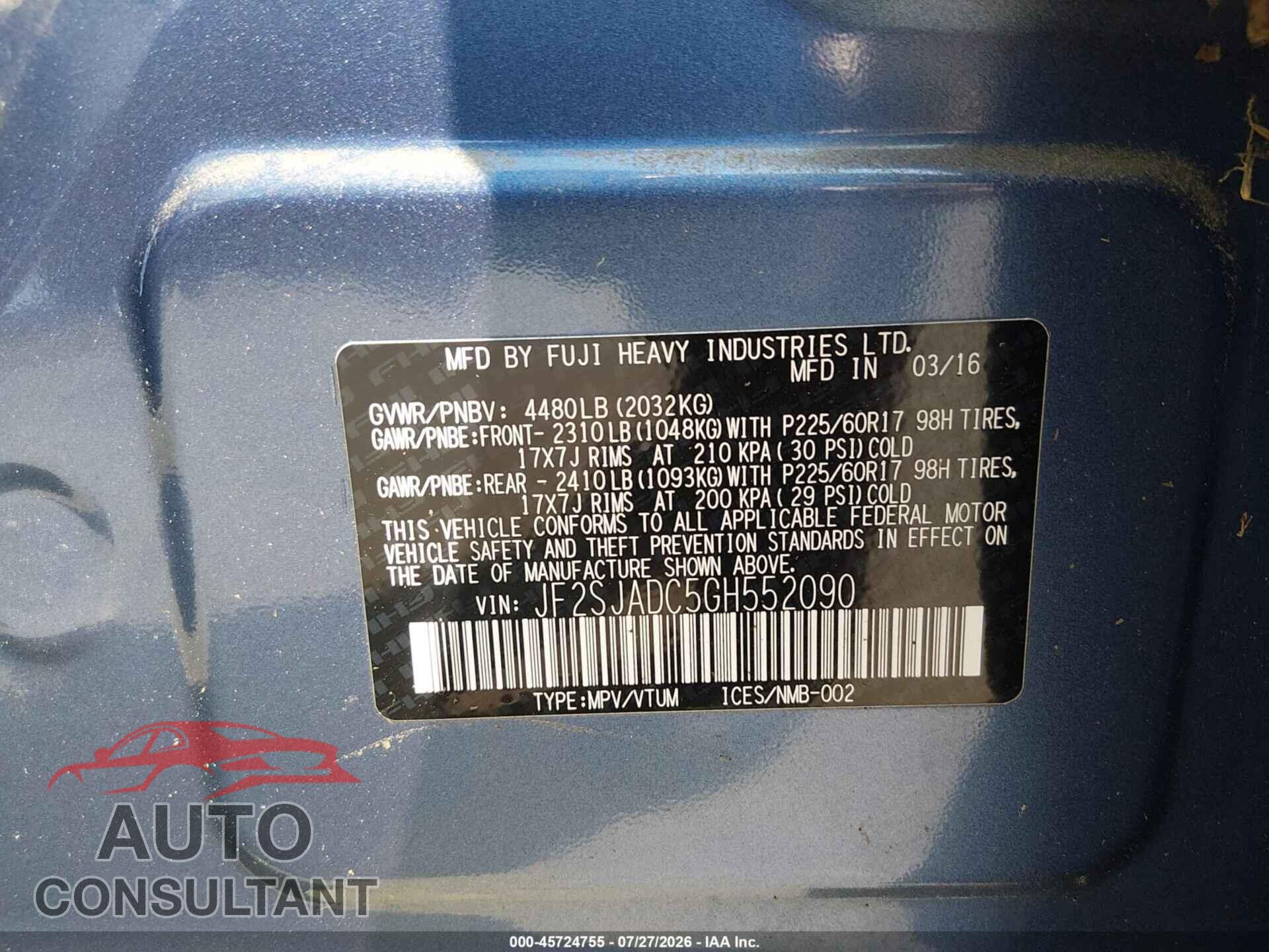 SUBARU FORESTER 2016 - JF2SJADC5GH552090