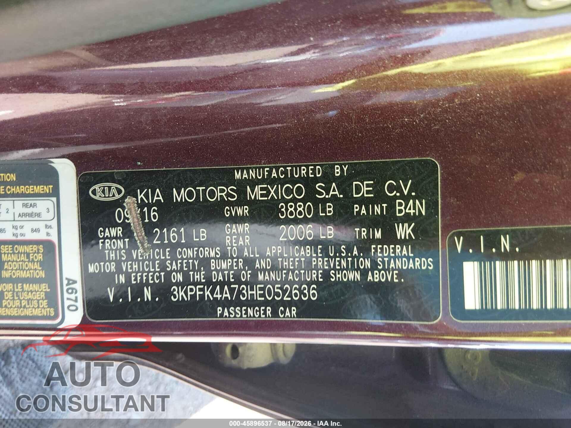 KIA FORTE 2017 - 3KPFK4A73HE052636