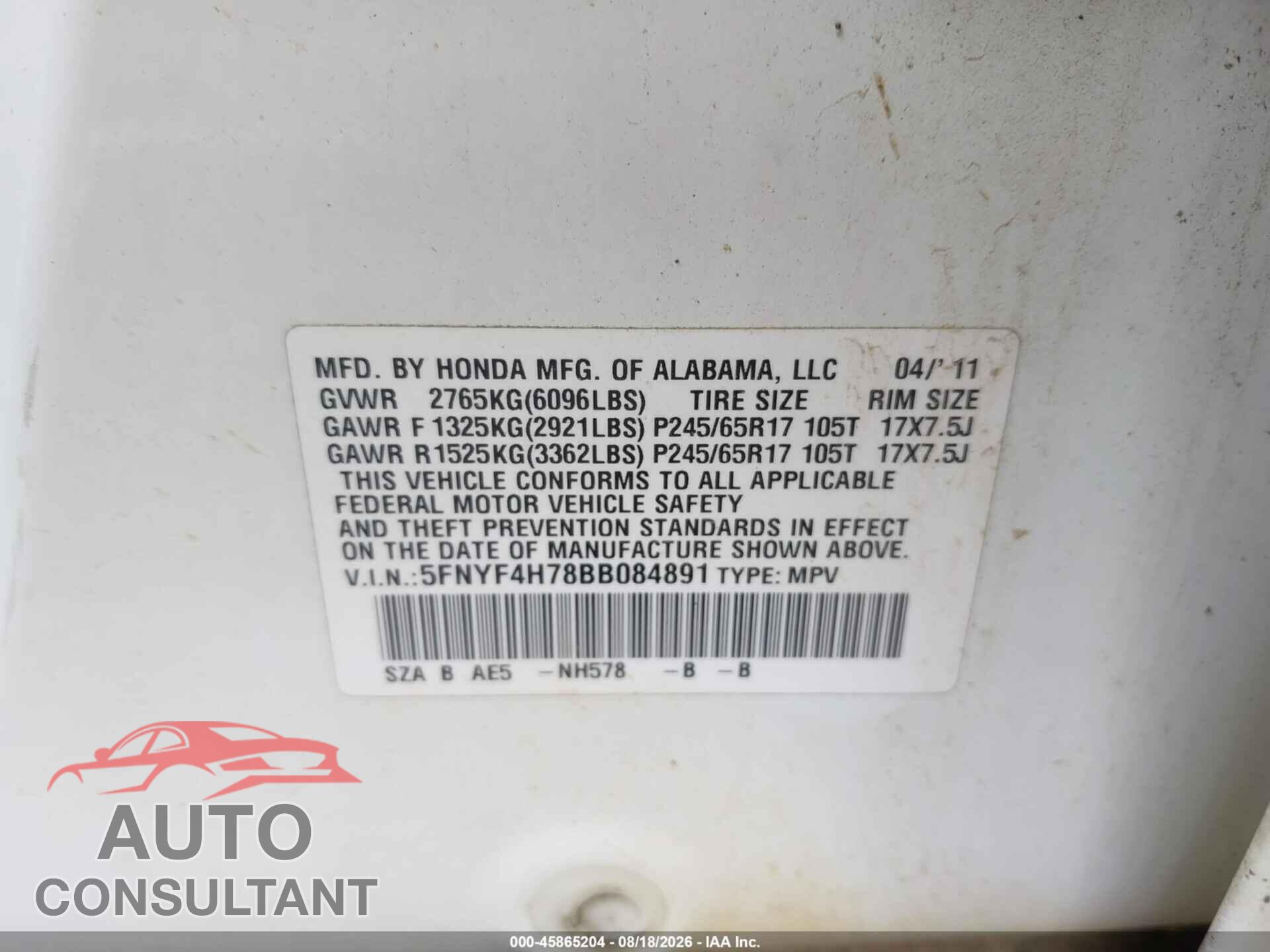 HONDA PILOT 2011 - 5FNYF4H78BB084891
