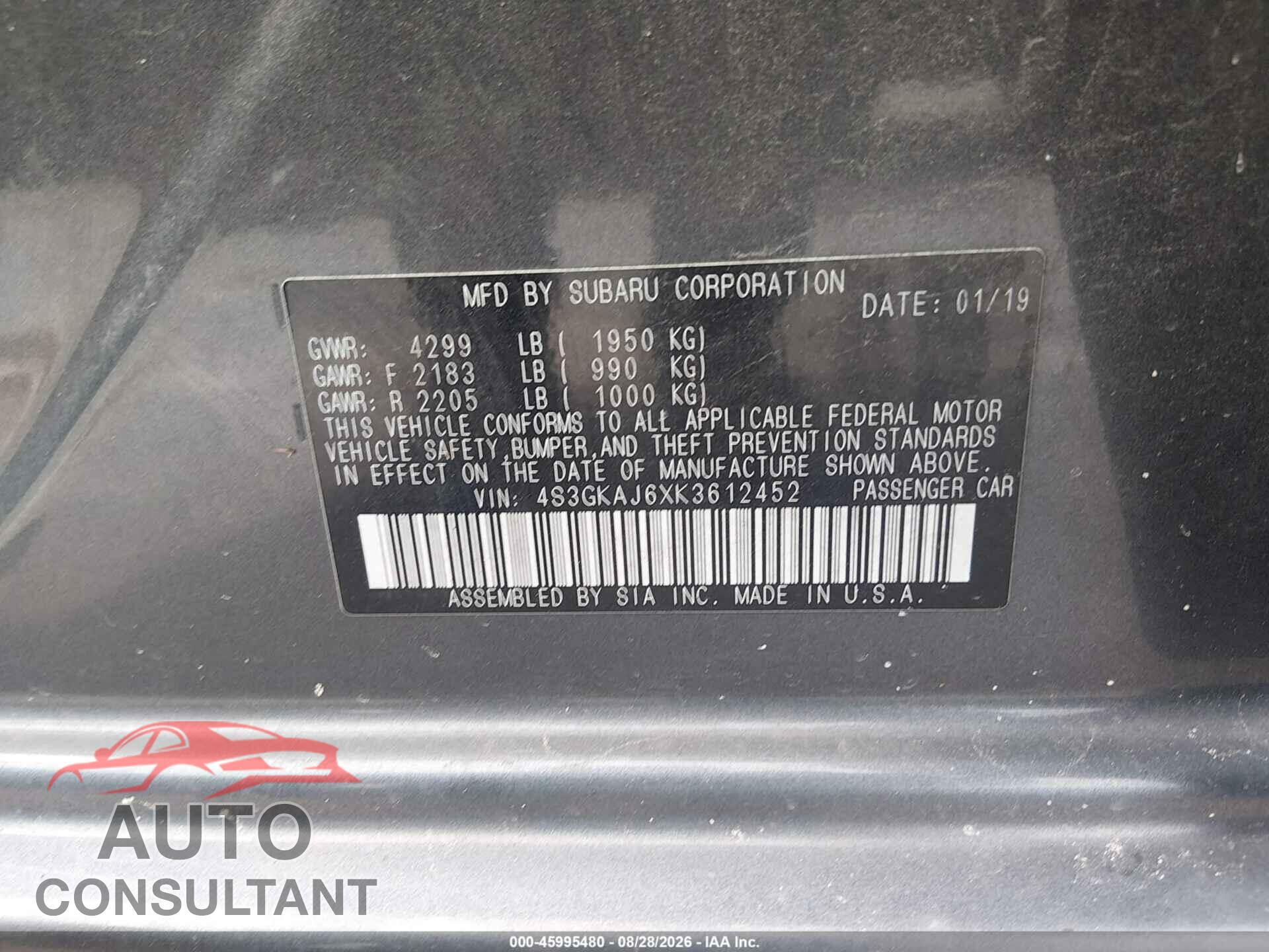 SUBARU IMPREZA 2019 - 4S3GKAJ6XK3612452