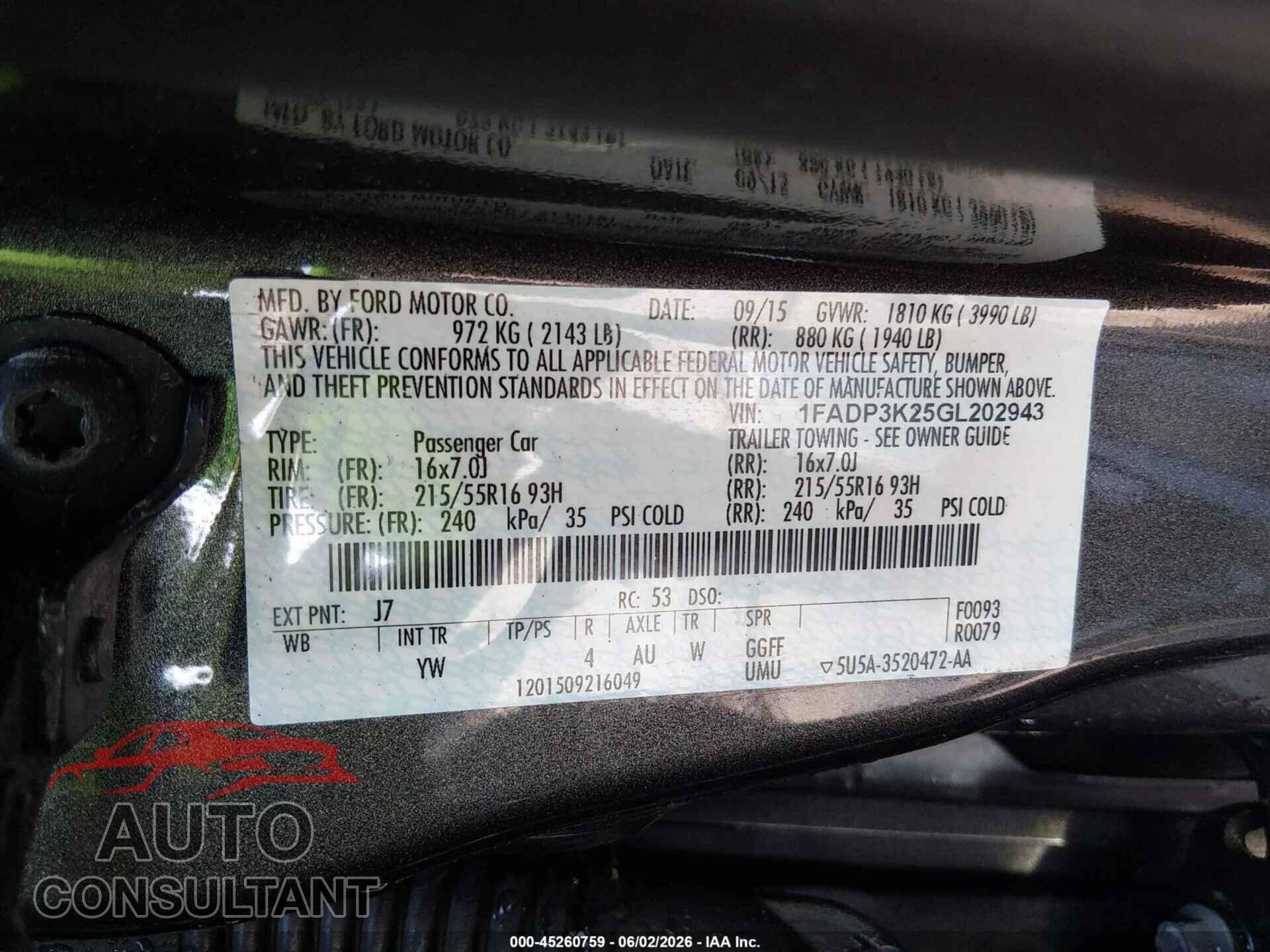 FORD FOCUS 2016 - 1FADP3K25GL202943