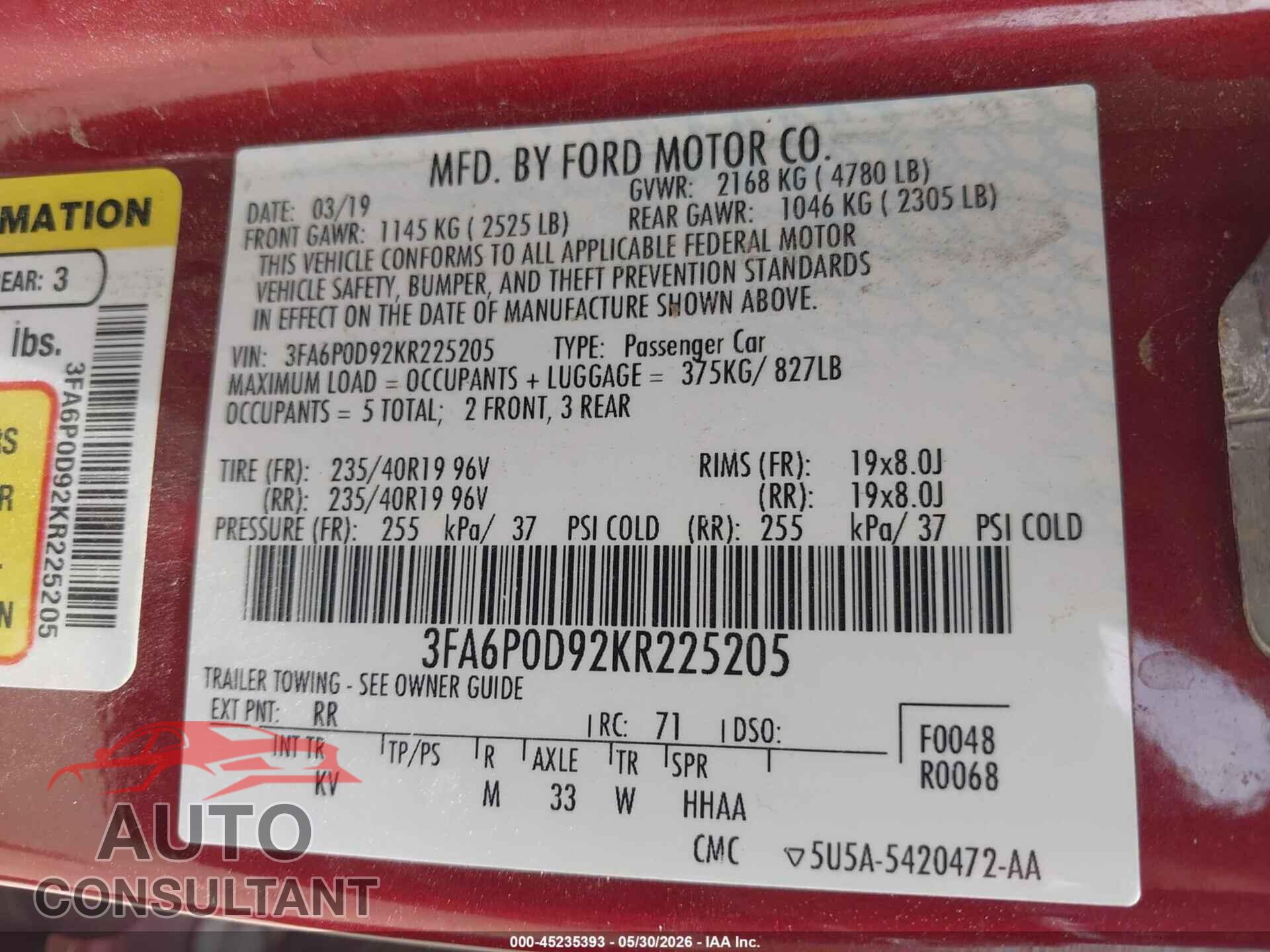 FORD FUSION 2019 - 3FA6P0D92KR225205