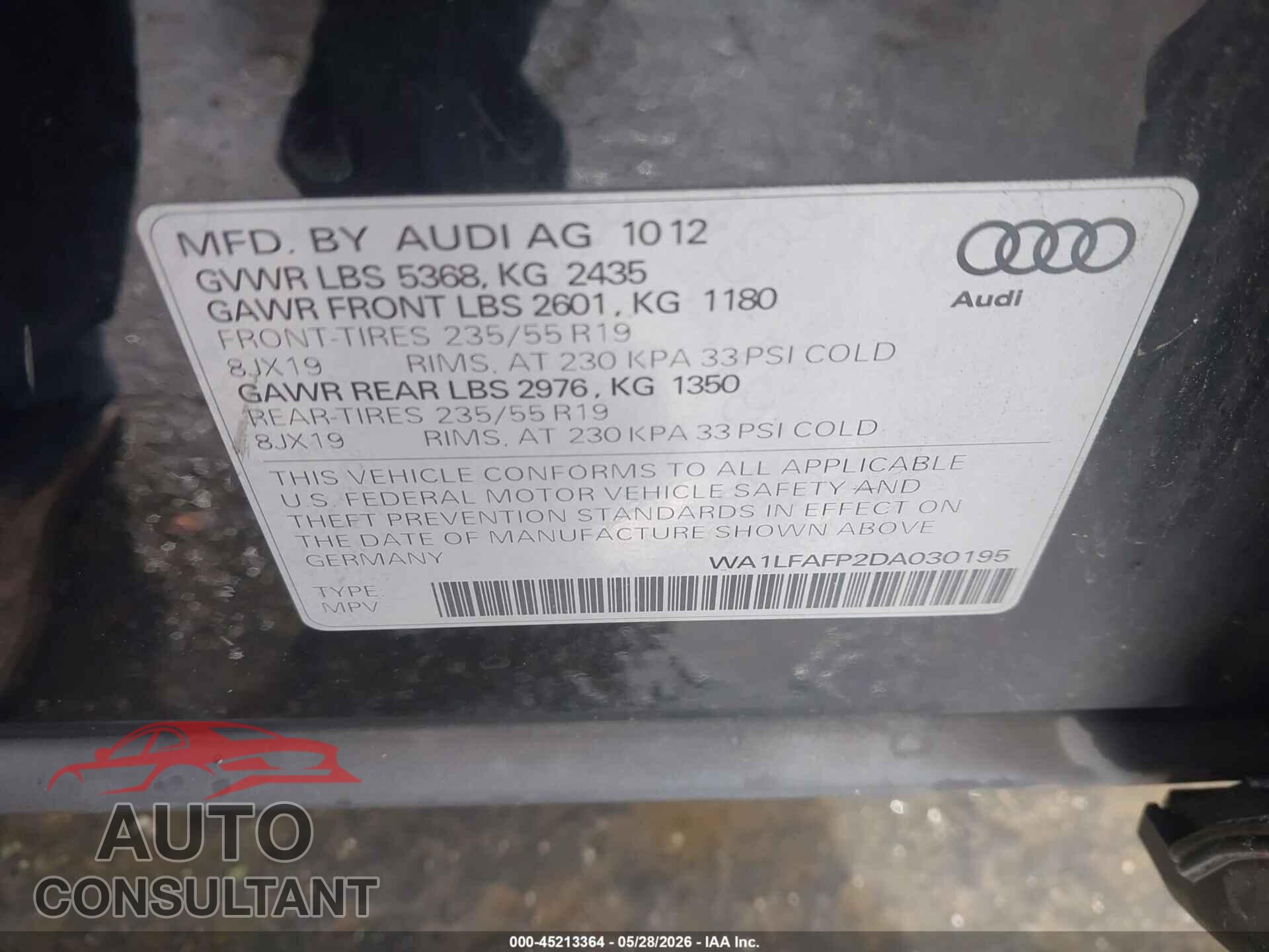 AUDI Q5 2013 - WA1LFAFP2DA030195