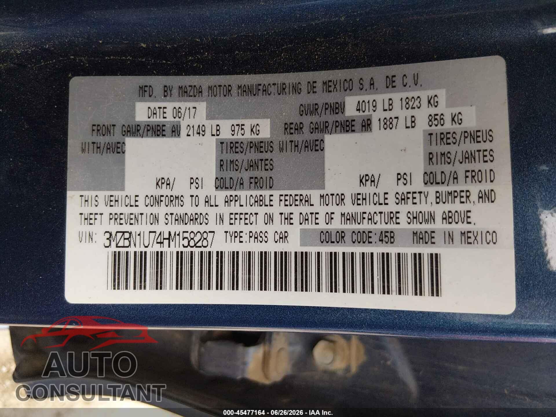 MAZDA MAZDA3 2017 - 3MZBN1U74HM158287