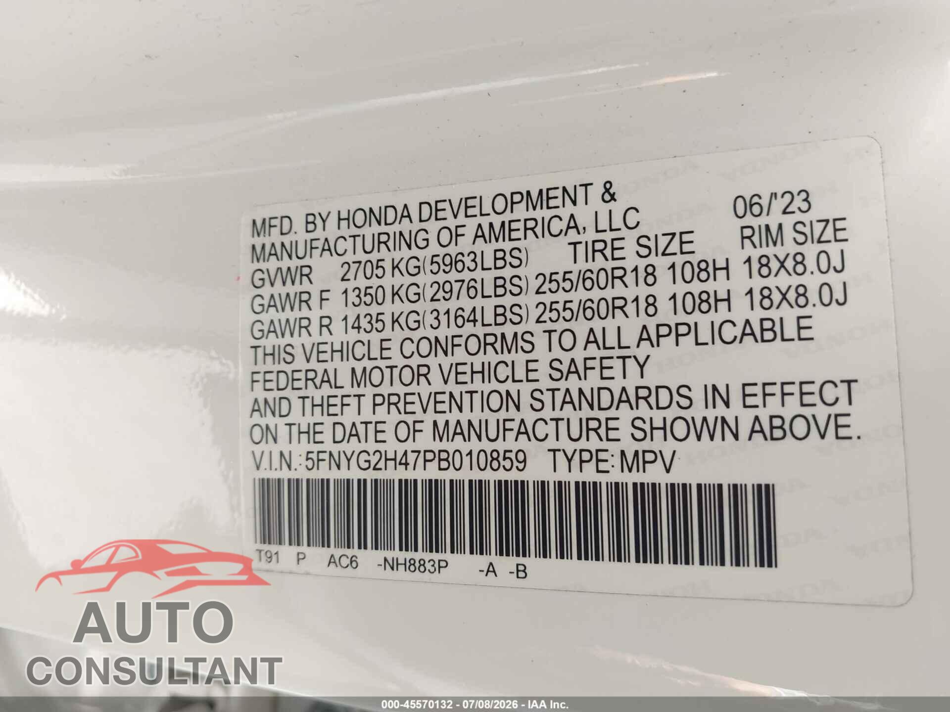 HONDA PILOT 2023 - 5FNYG2H47PB010859