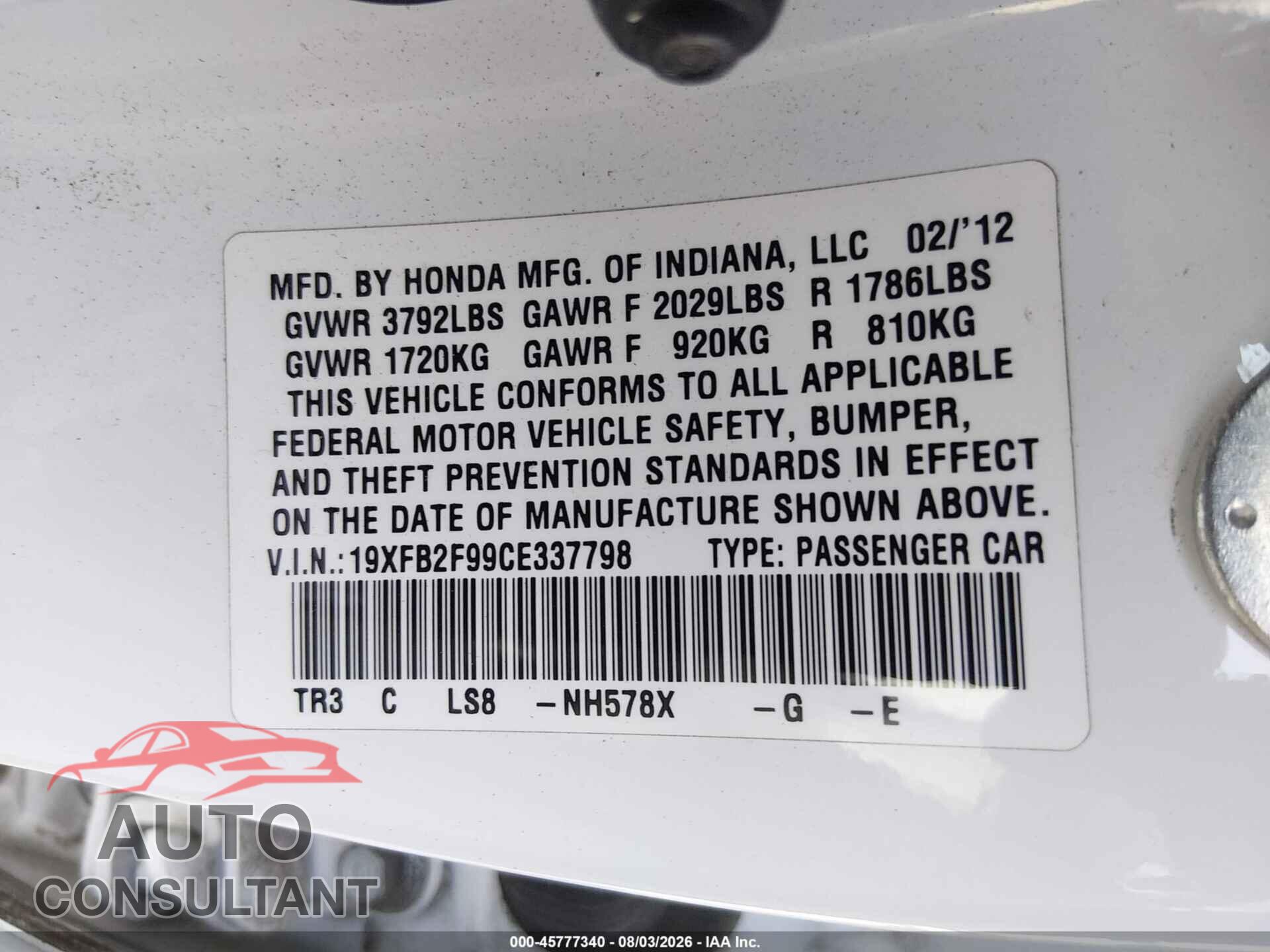 HONDA CIVIC 2012 - 19XFB2F99CE337798