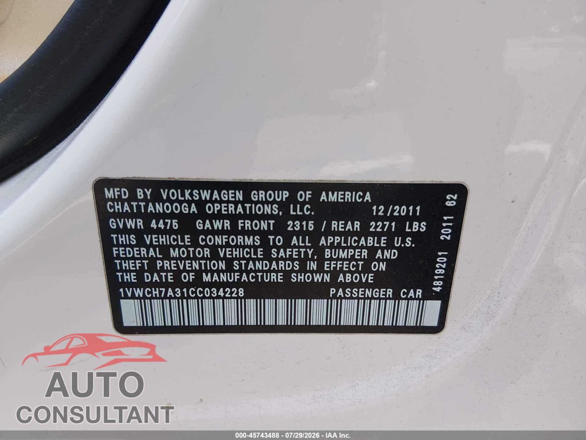 VOLKSWAGEN PASSAT 2012 - 1VWCH7A31CC034228