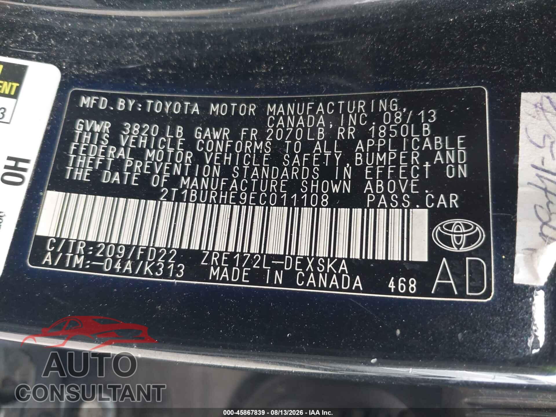 TOYOTA COROLLA 2014 - 2T1BURHE9EC011108
