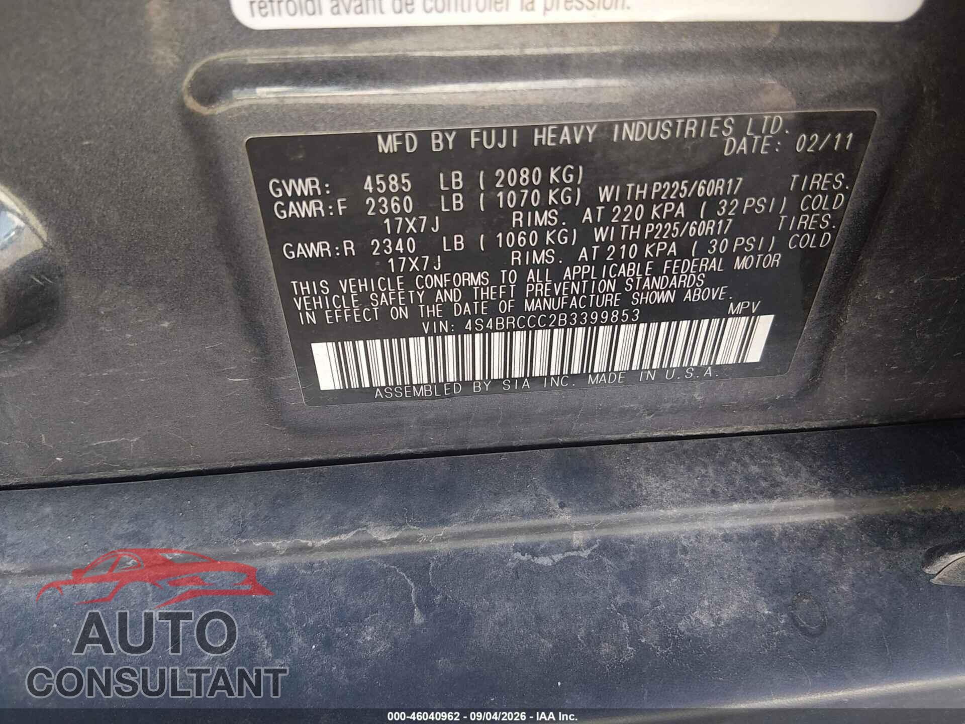 SUBARU OUTBACK 2011 - 4S4BRCCC2B3399853