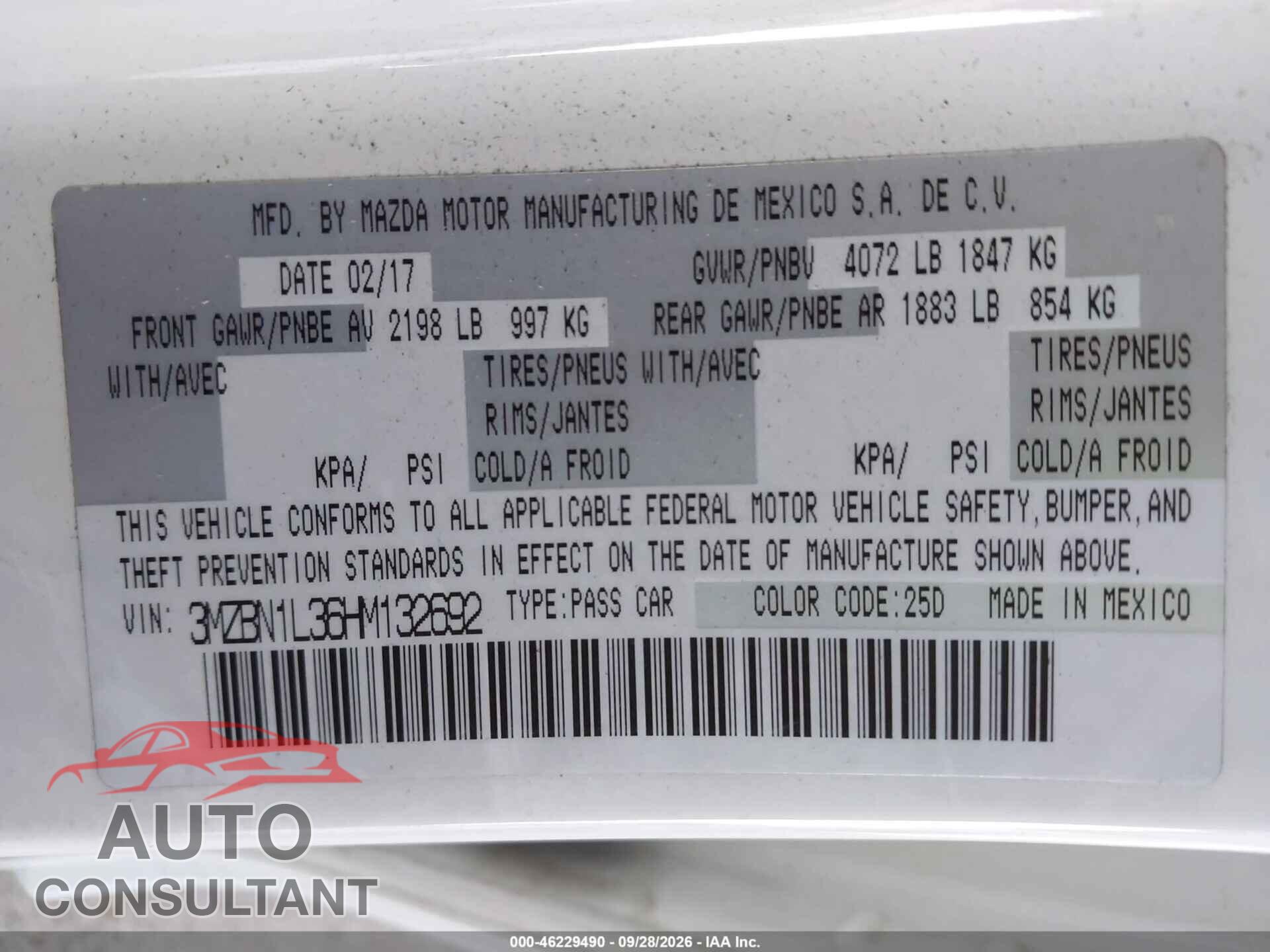 MAZDA MAZDA3 2017 - 3MZBN1L36HM132692
