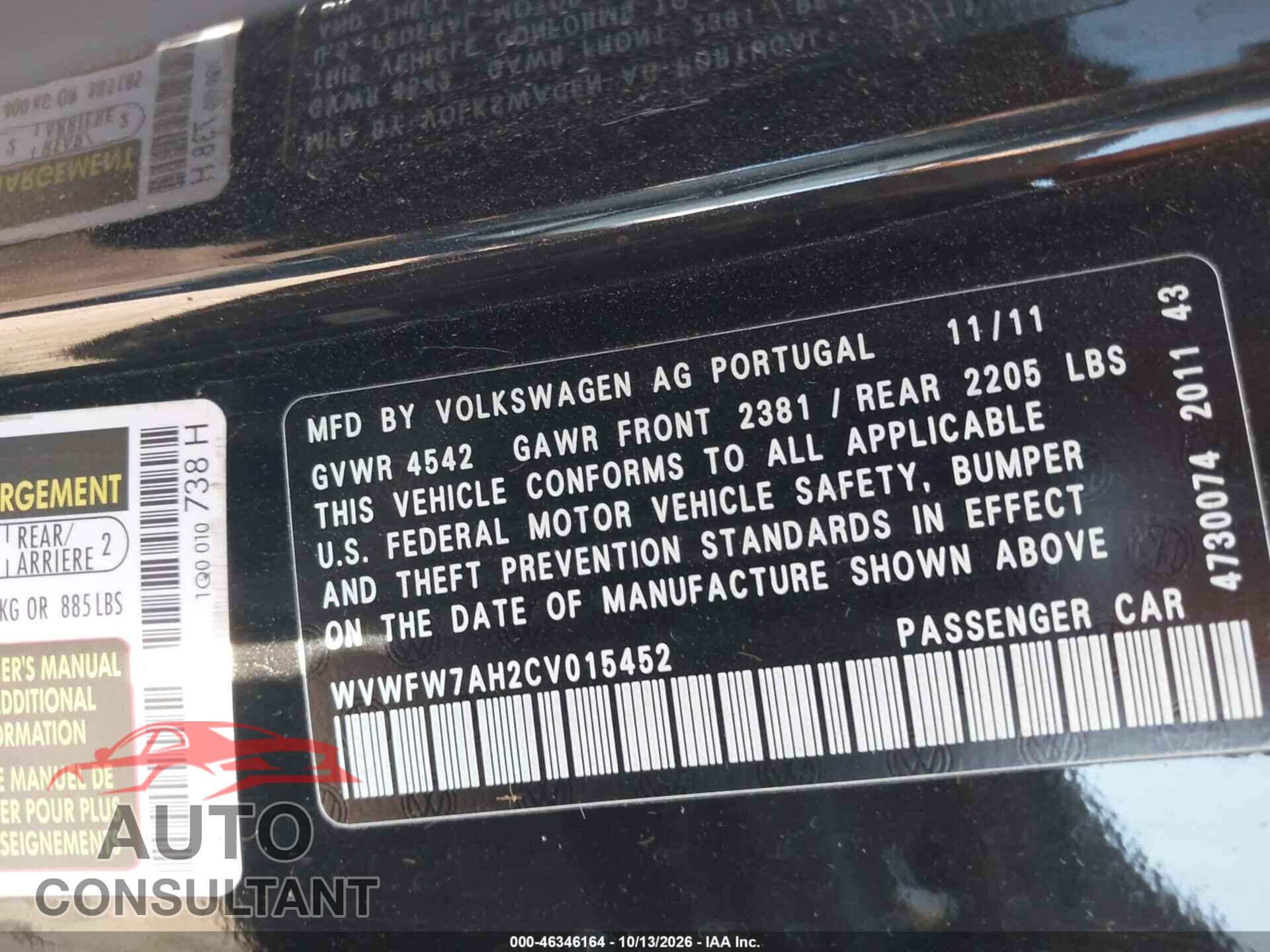 VOLKSWAGEN EOS 2012 - WVWFW7AH2CV015452