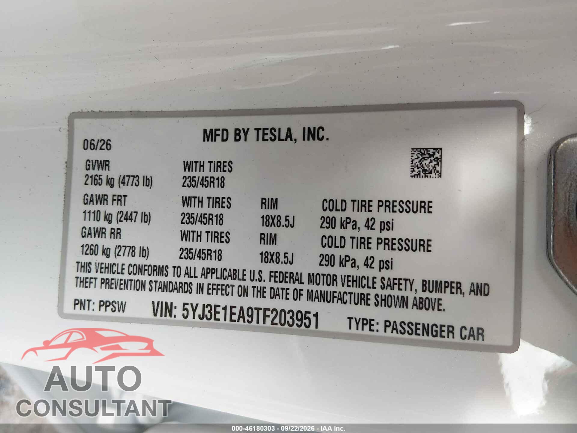 TESLA MODEL 3 2026 - 5YJ3E1EA9TF203951