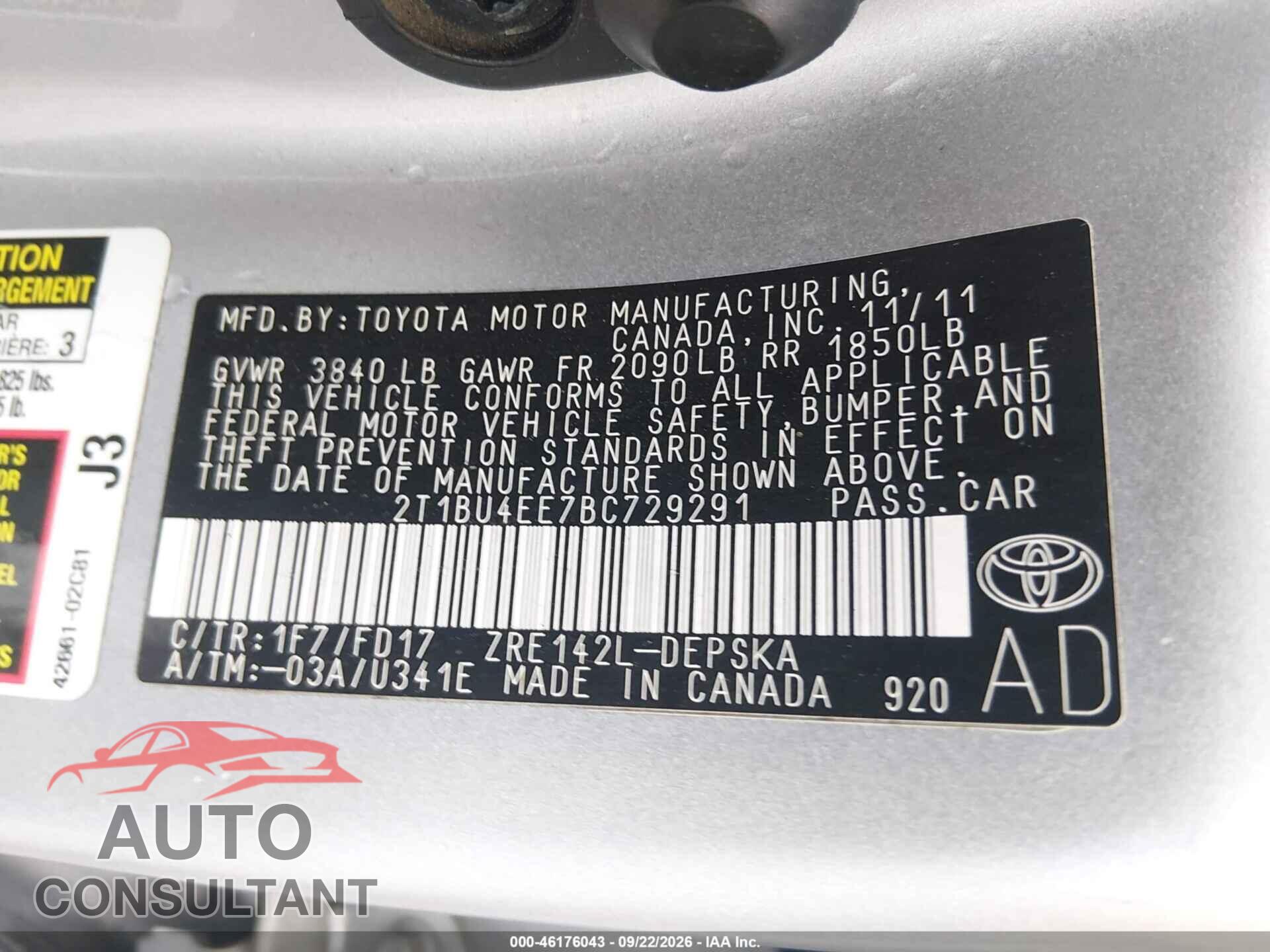 TOYOTA COROLLA 2011 - 2T1BU4EE7BC729291
