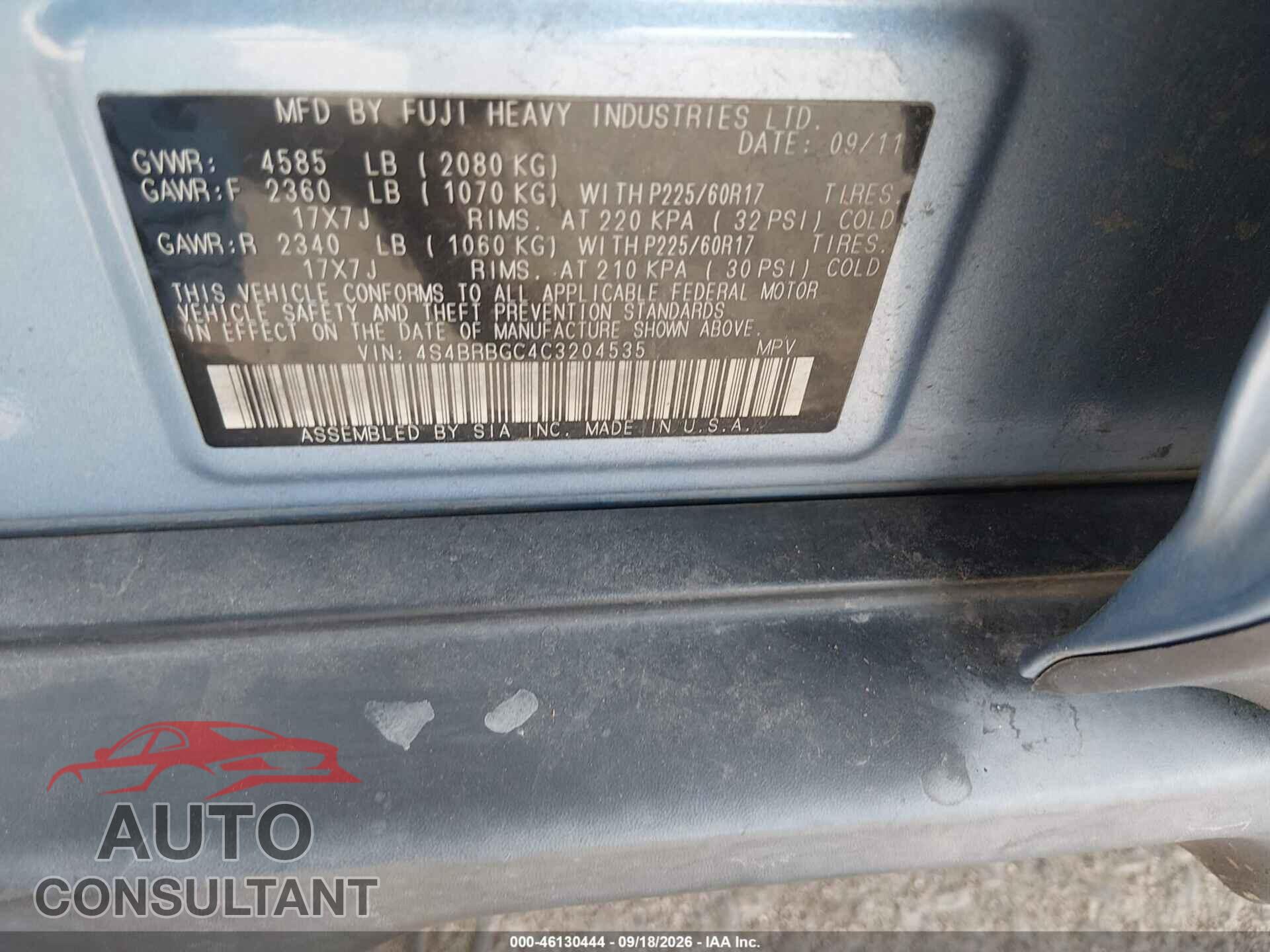 SUBARU OUTBACK 2012 - 4S4BRBGC4C3204535