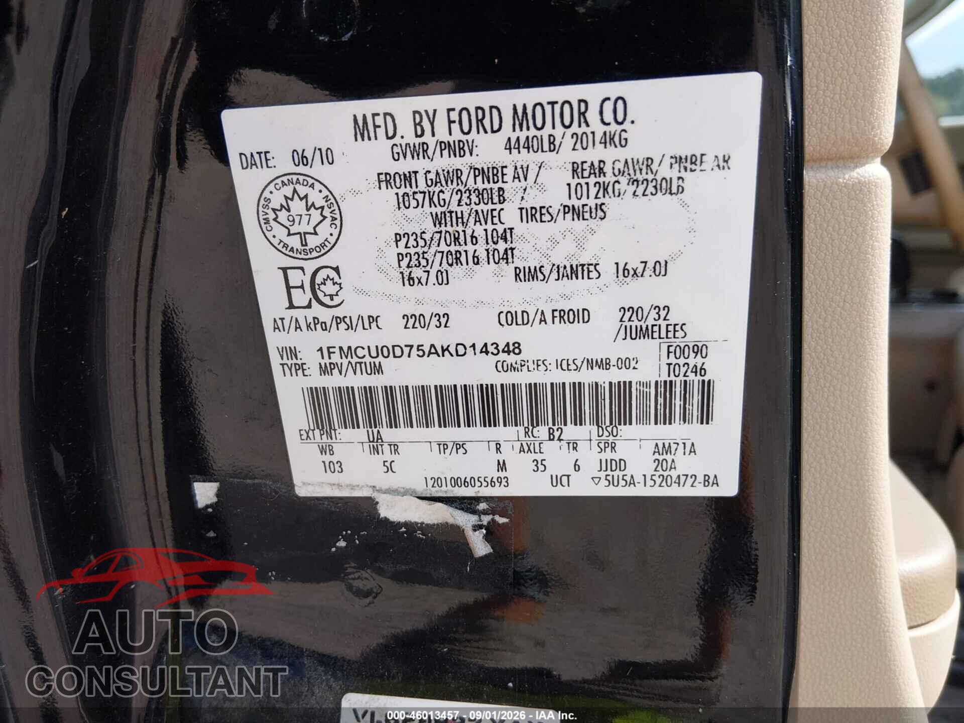 FORD ESCAPE 2010 - 1FMCU0D75AKD14348