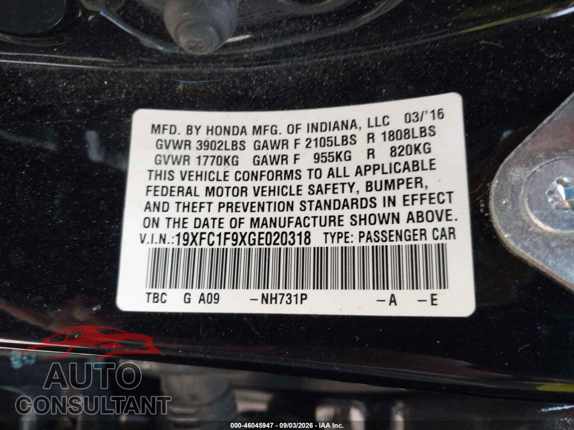 HONDA CIVIC 2016 - 19XFC1F9XGE020318
