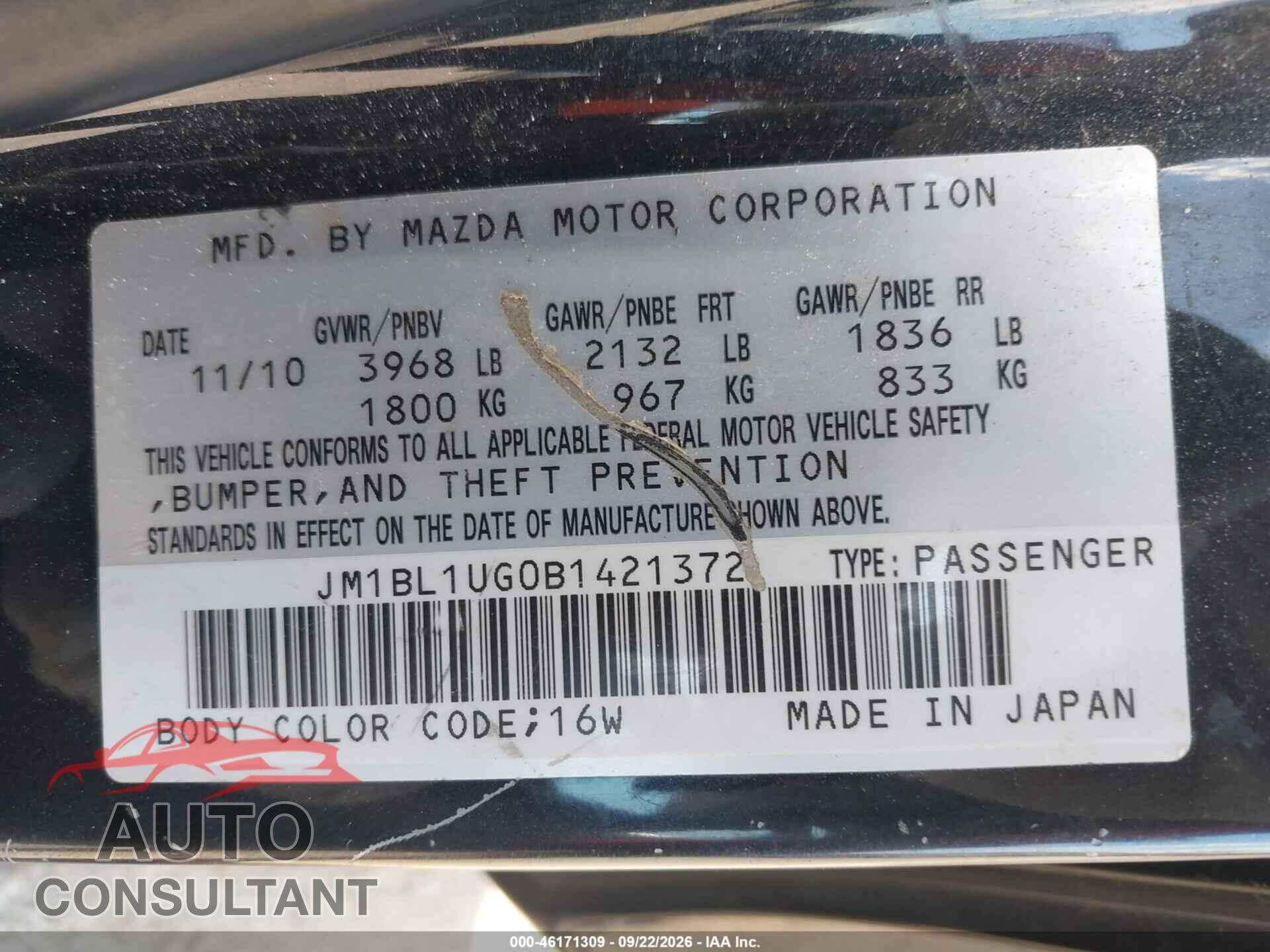 MAZDA MAZDA3 2011 - JM1BL1UG0B1421372