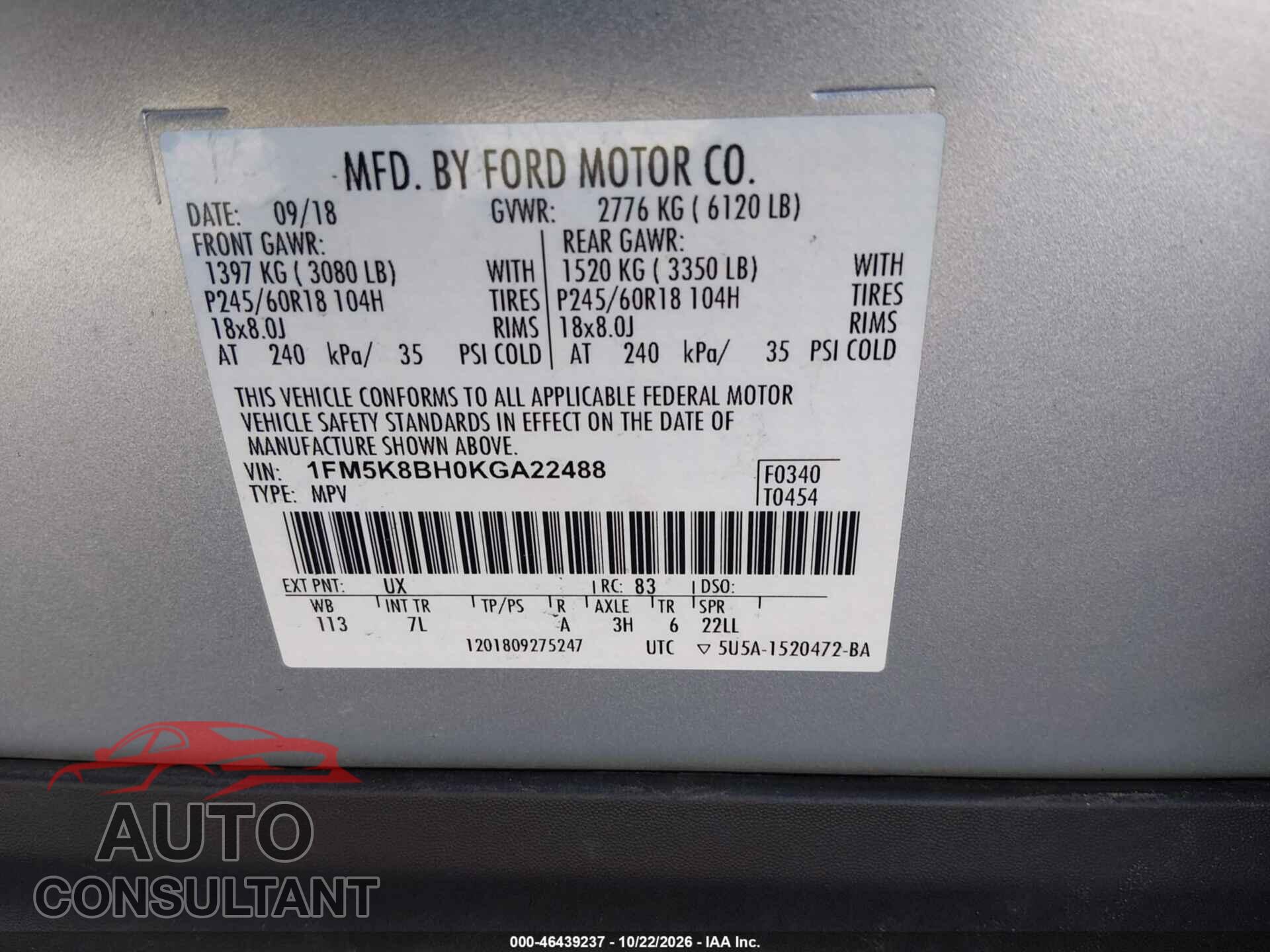 FORD EXPLORER 2019 - 1FM5K8BH0KGA22488