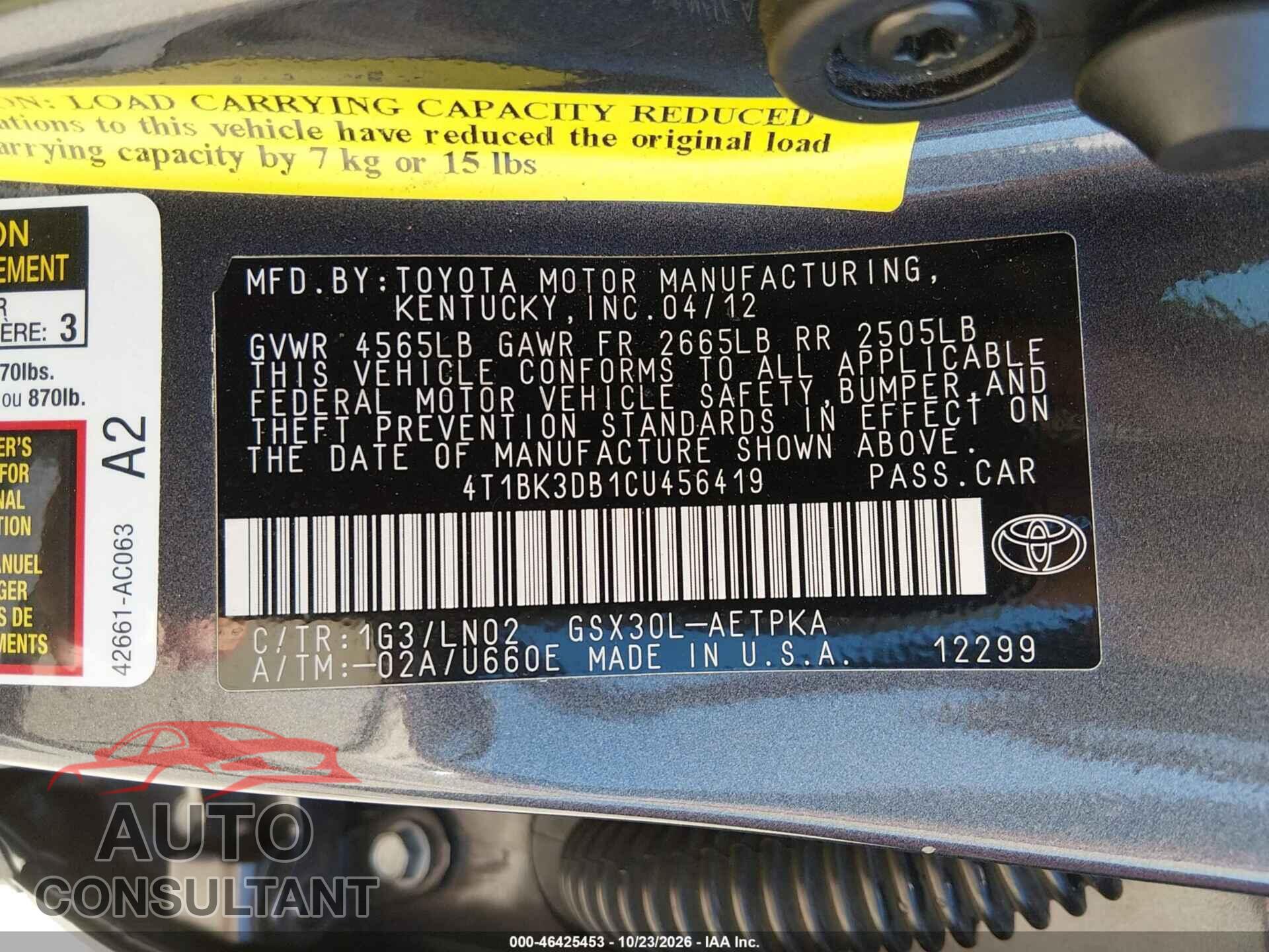 TOYOTA AVALON 2012 - 4T1BK3DB1CU456419