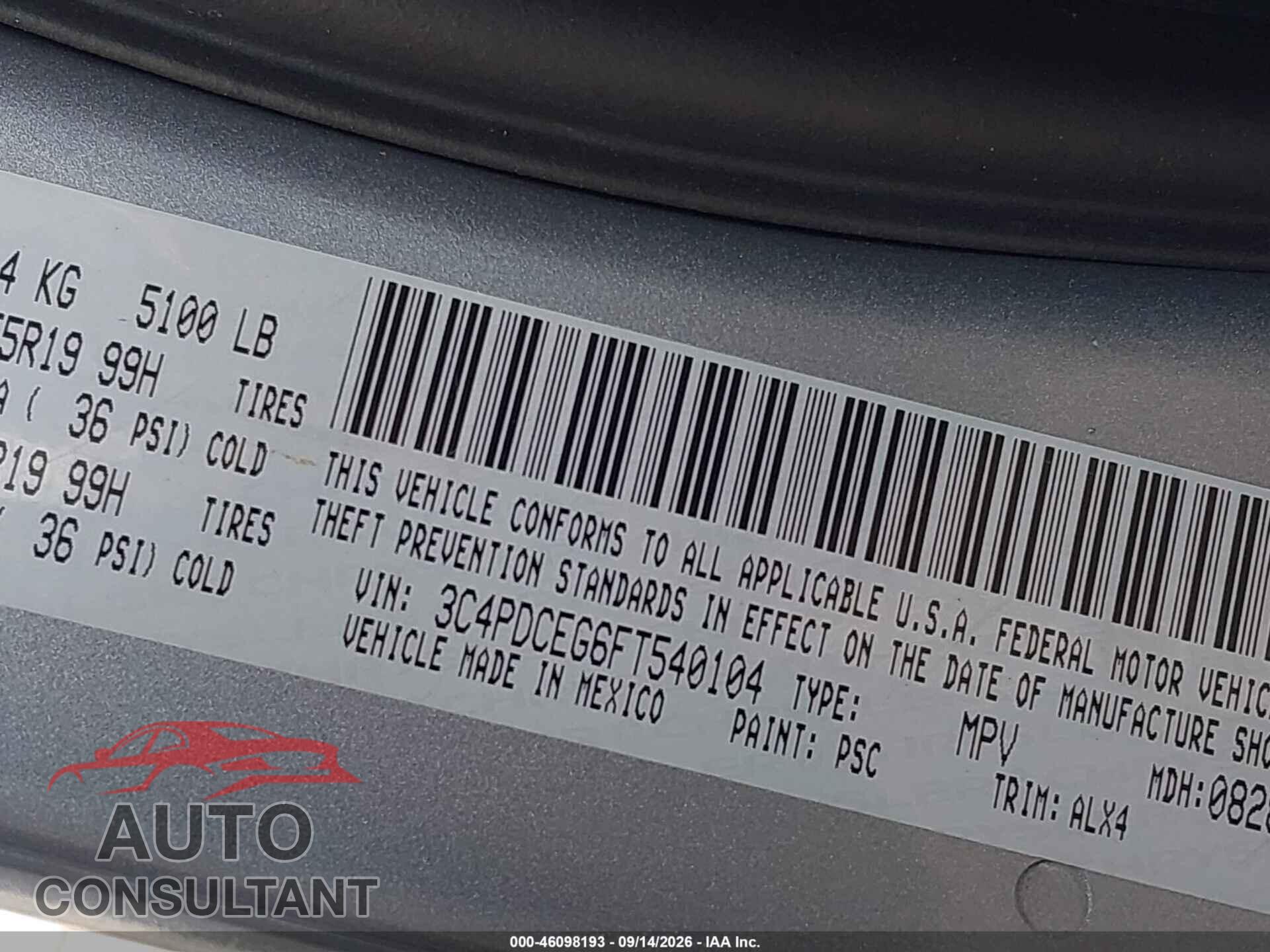 DODGE JOURNEY 2015 - 3C4PDCEG6FT540104