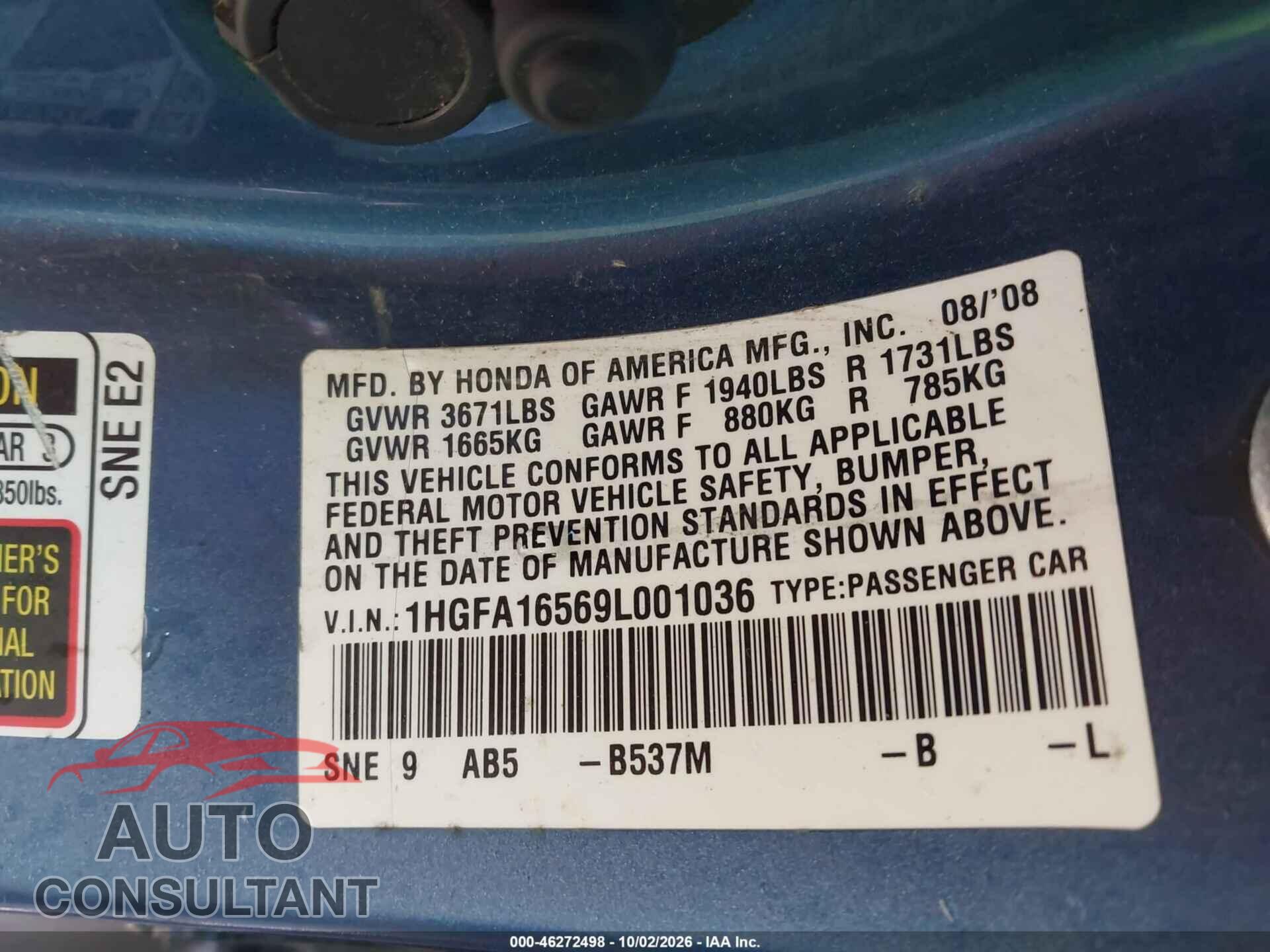 HONDA CIVIC 2009 - 1HGFA16569L001036
