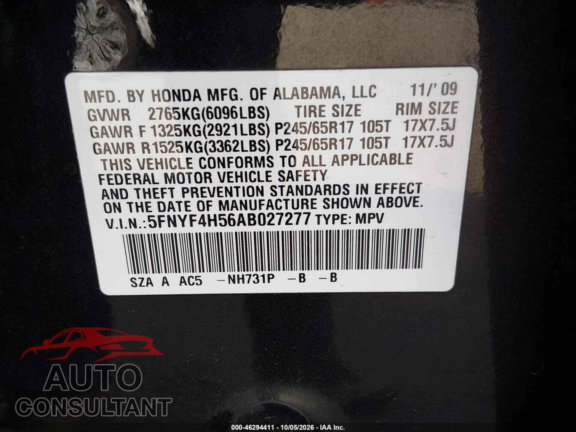 HONDA PILOT 2010 - 5FNYF4H56AB027277