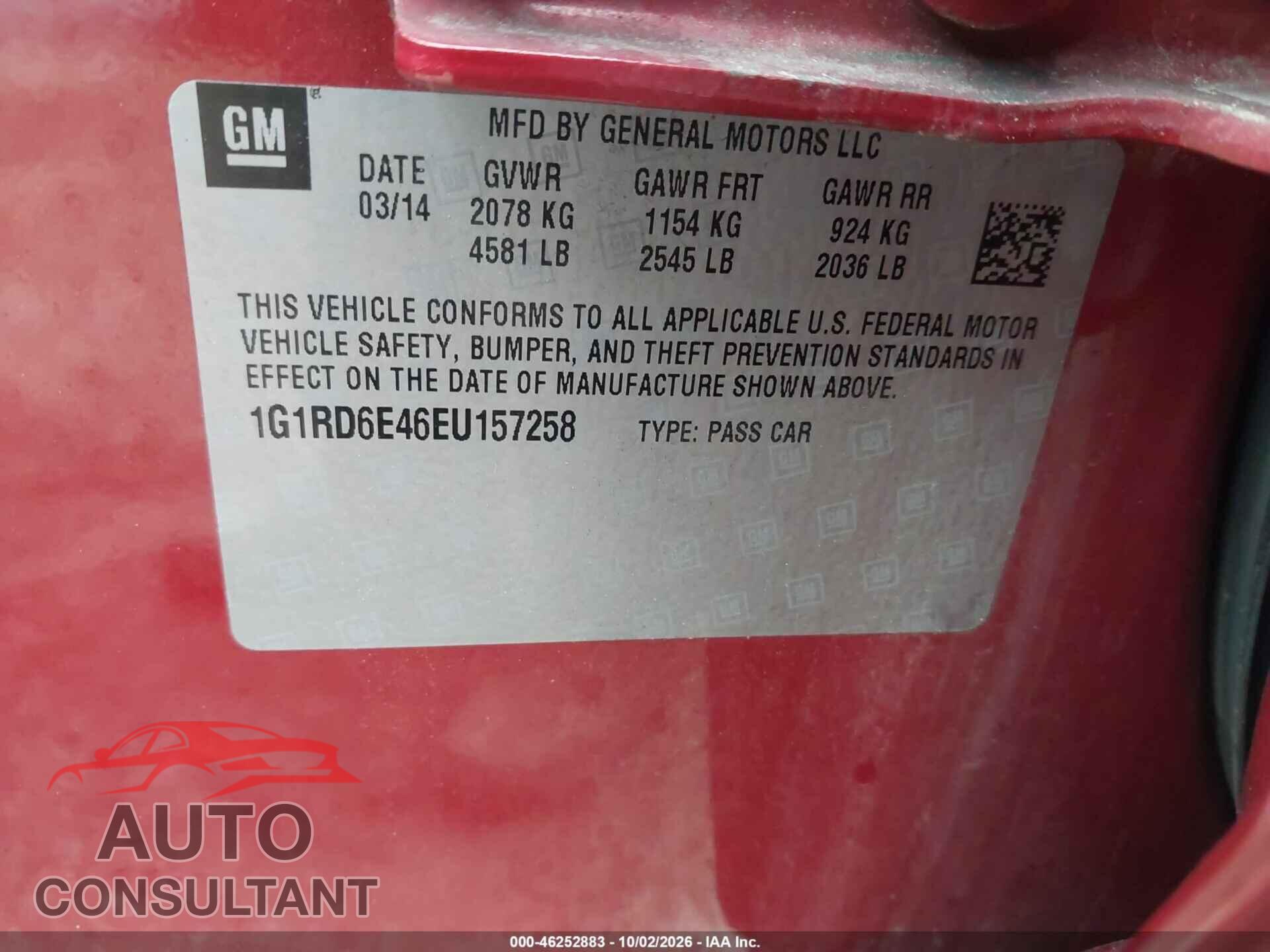 CHEVROLET VOLT 2014 - 1G1RD6E46EU157258