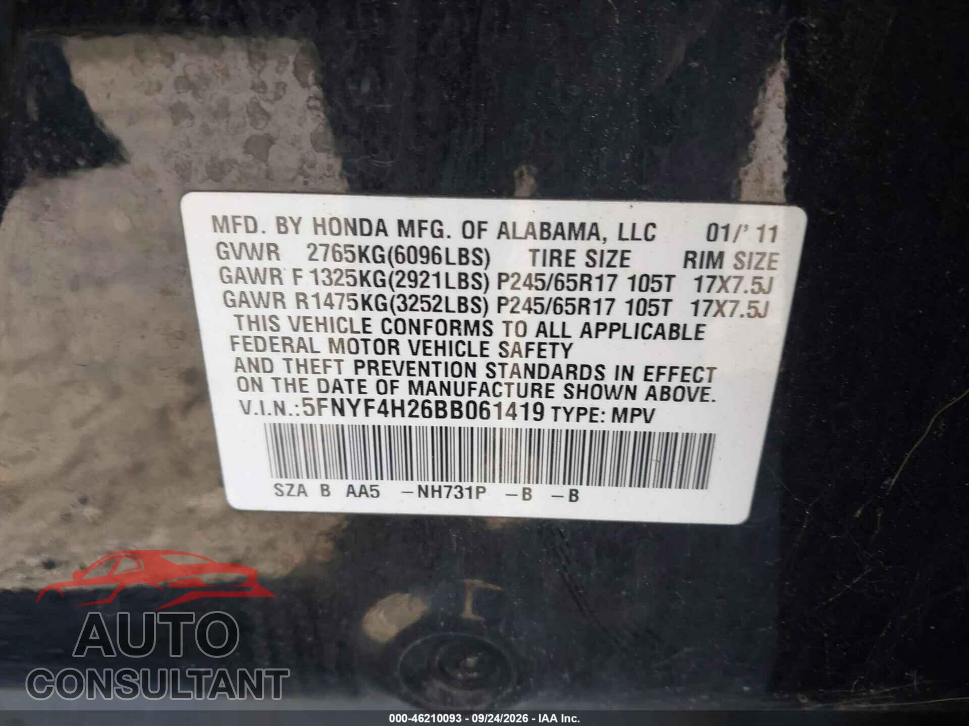HONDA PILOT 2011 - 5FNYF4H26BB061419