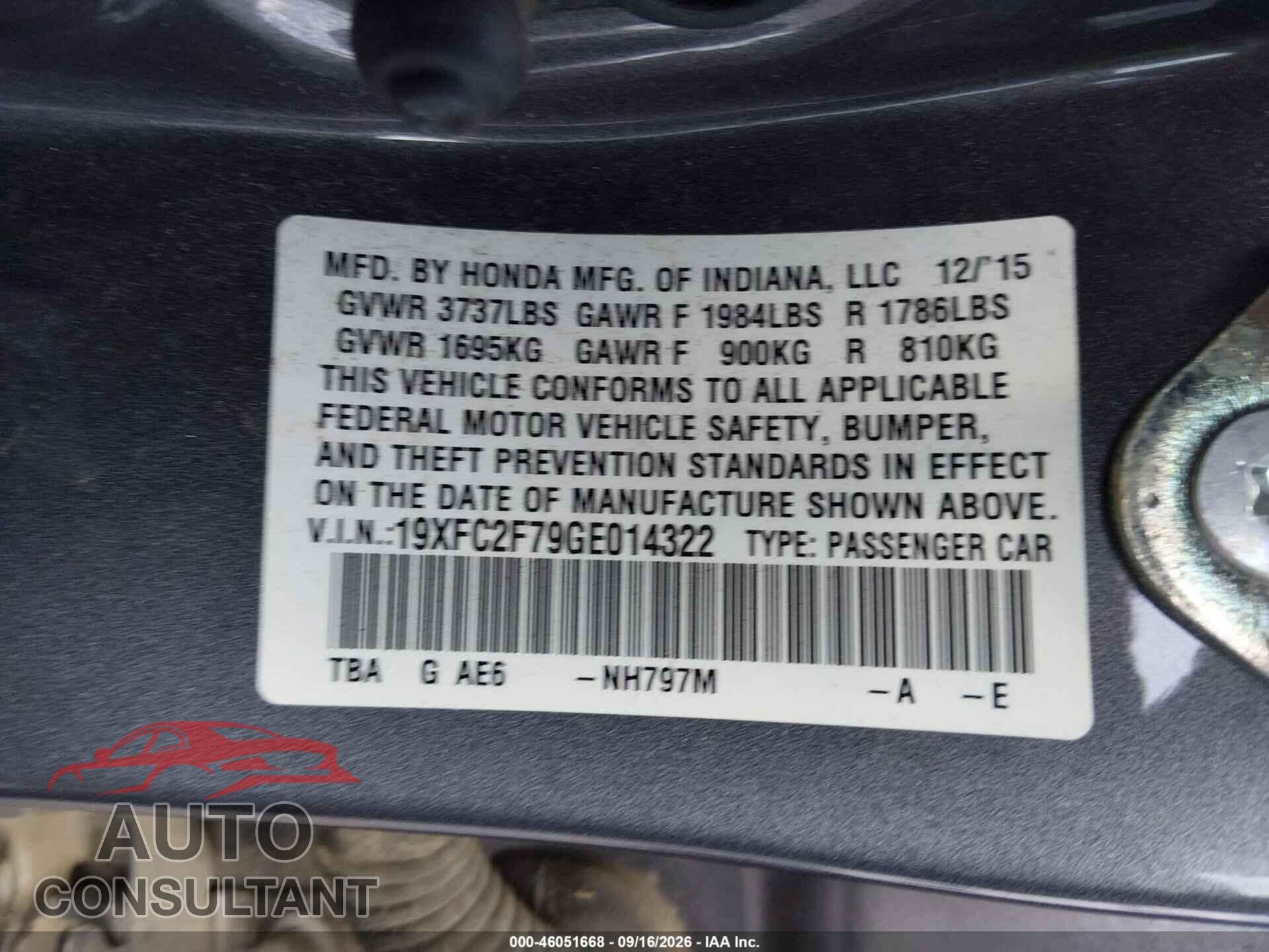 HONDA CIVIC 2016 - 19XFC2F79GE014322