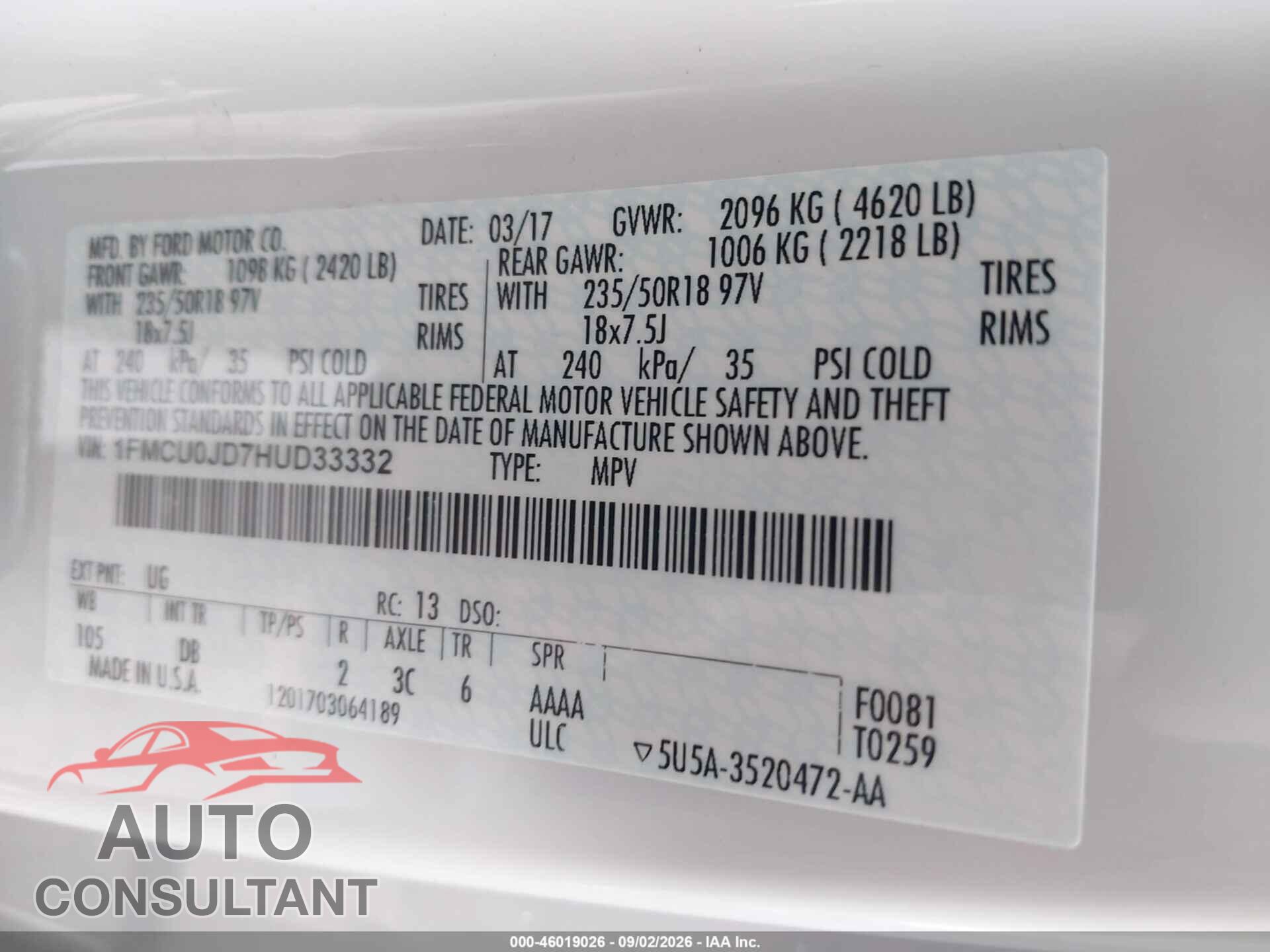 FORD ESCAPE 2017 - 1FMCU0JD7HUD33332